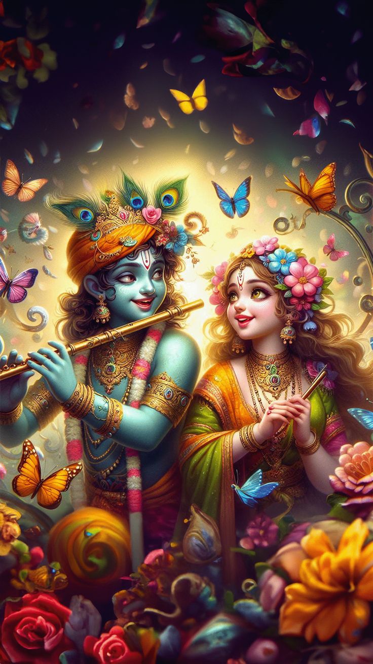 Krishna and Radha in a floral setting