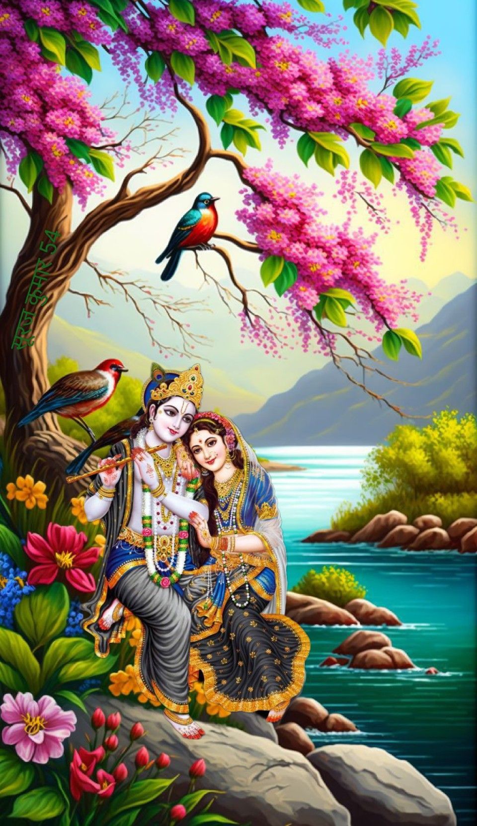 Krishna and Radha amidst floral beauty