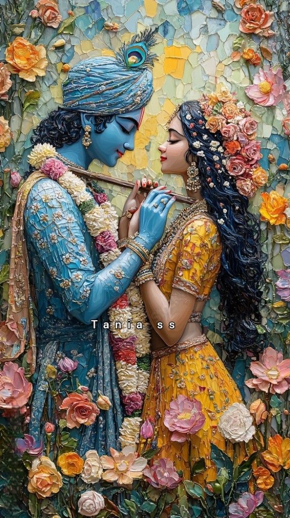 Krishna and Radha amidst floral mosaic
