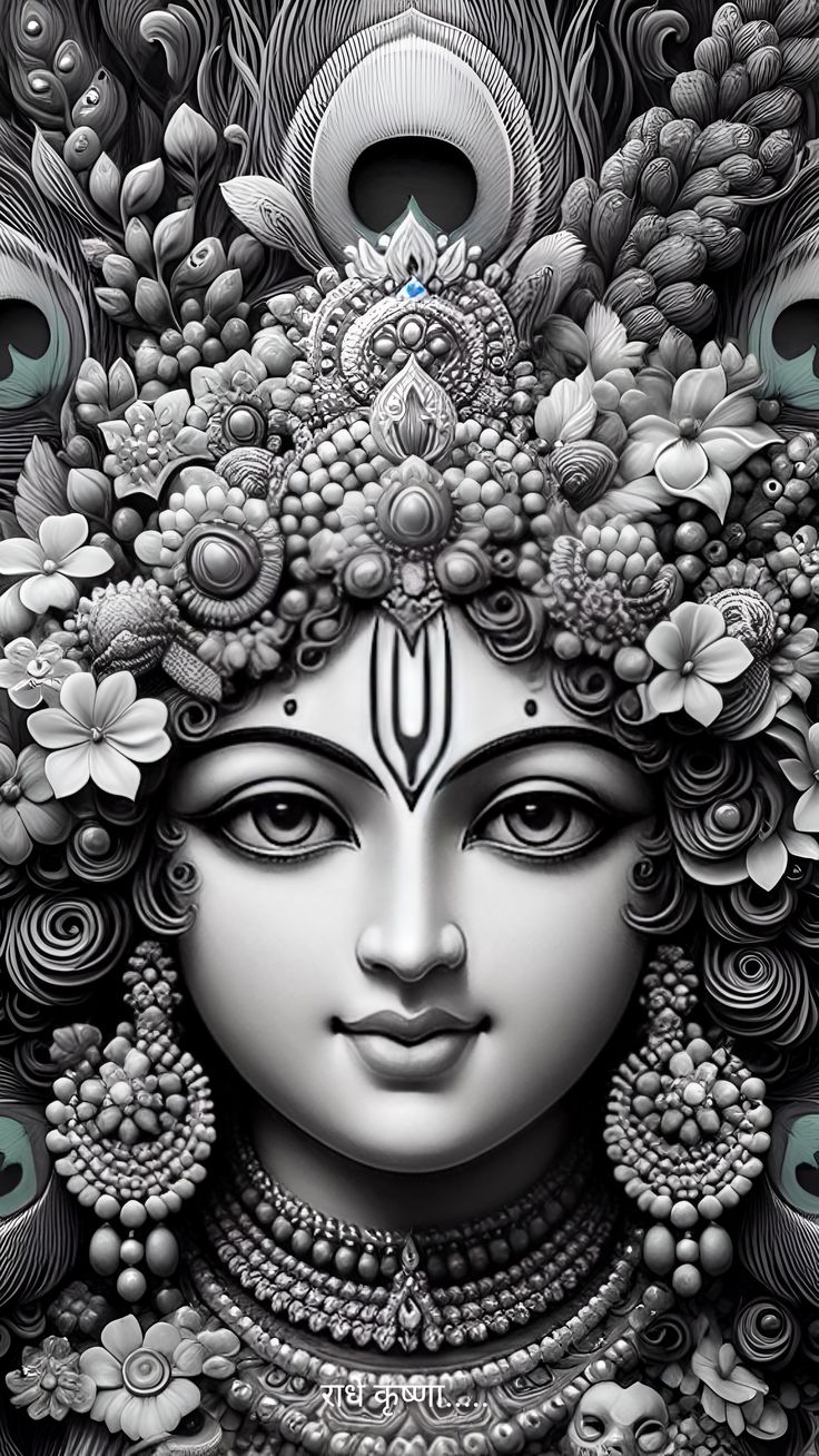 Krishna with floral headpiece, grayscale art