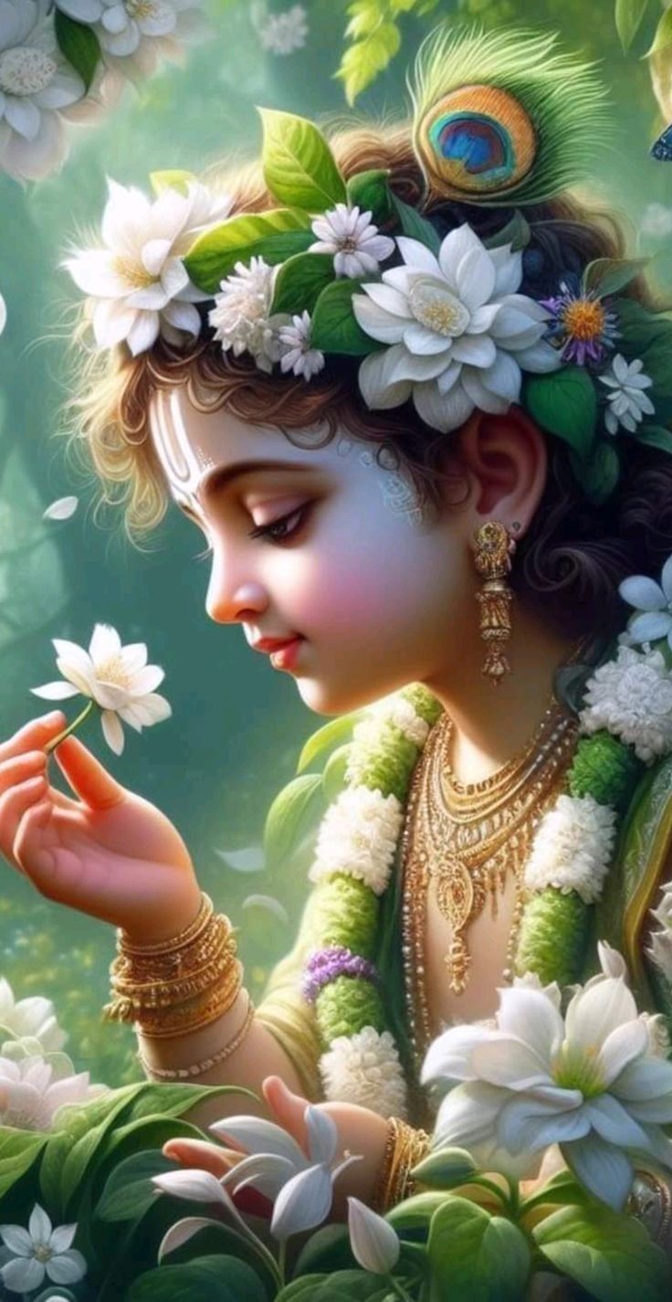 Krishna adorned with flowers, peaceful darshan.