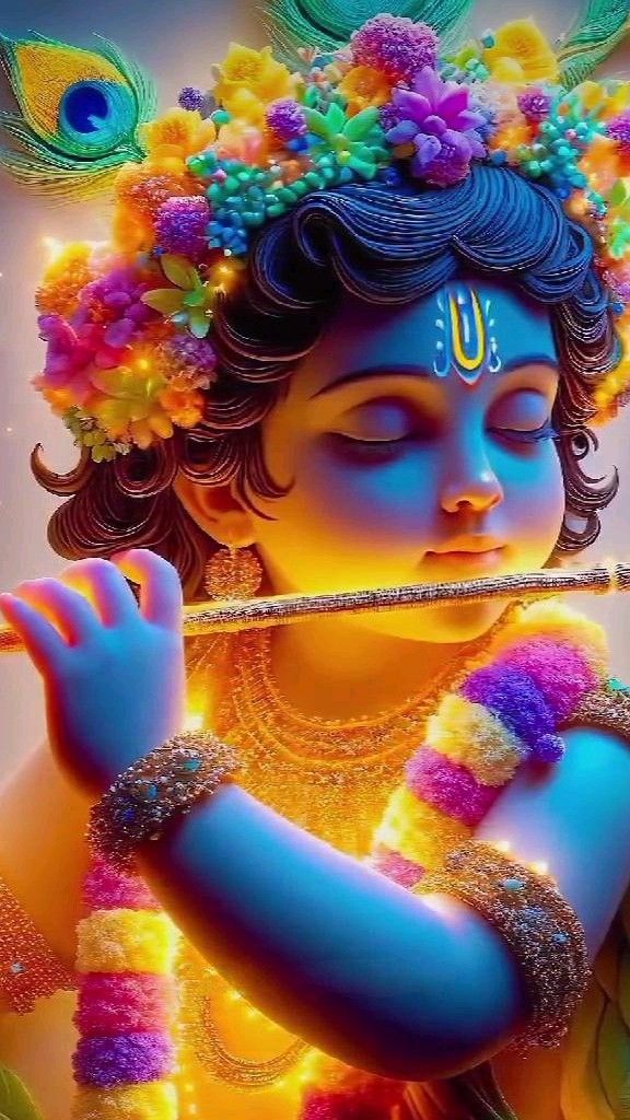 Krishna playing flute with floral crown