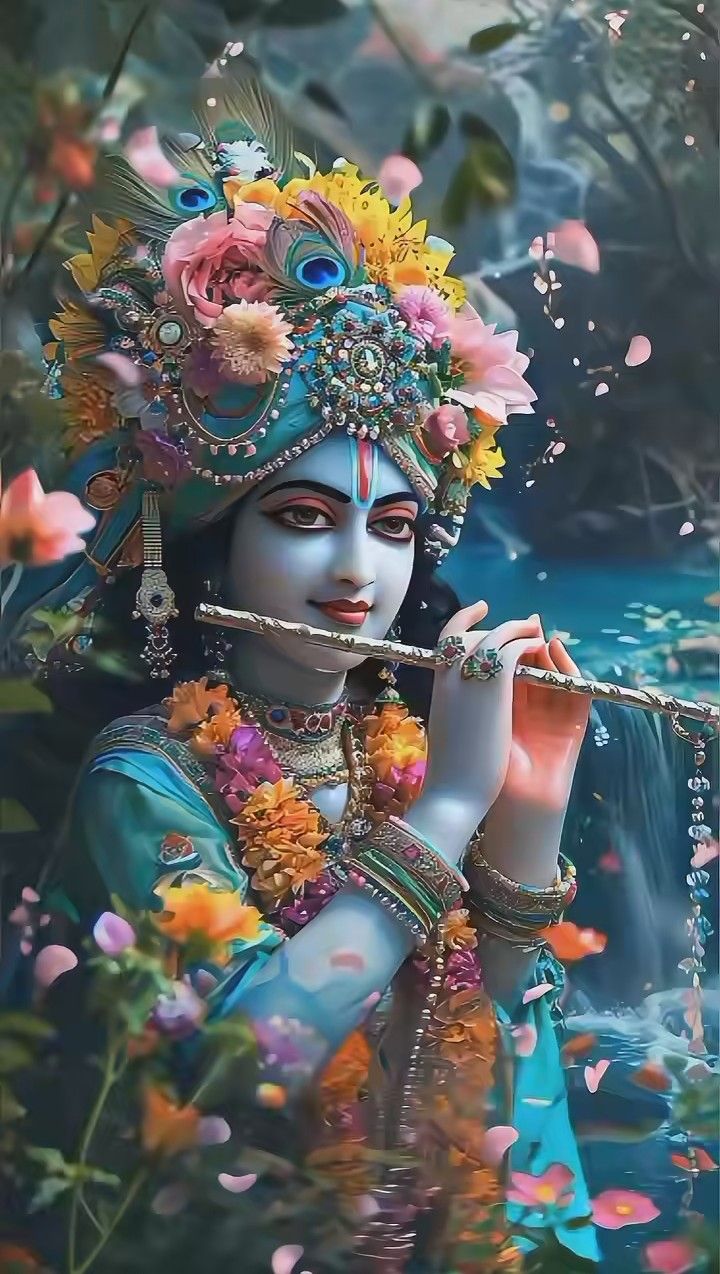 Krishna playing flute amidst floral blooms
