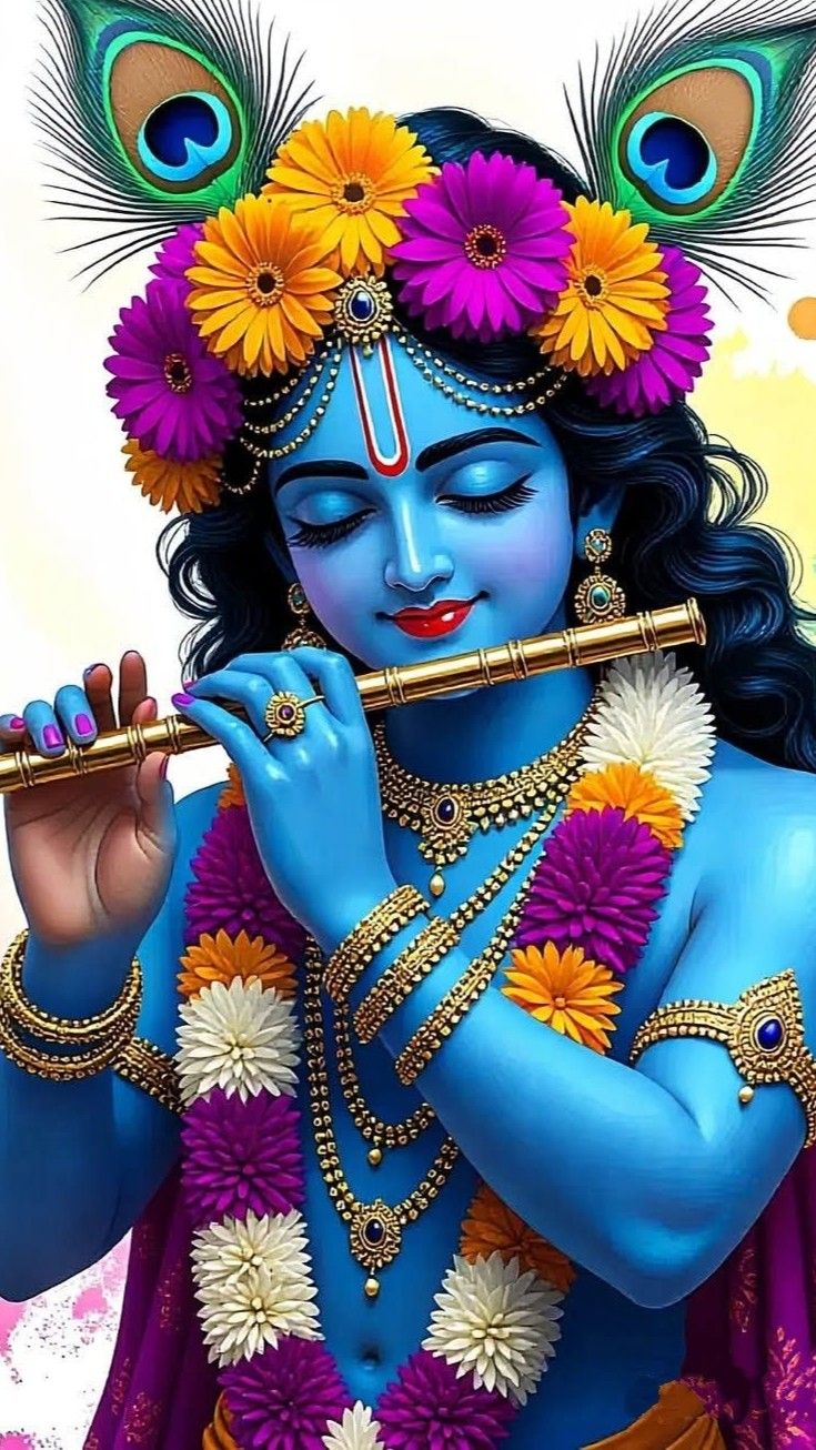 Krishna playing flute surrounded by flowers