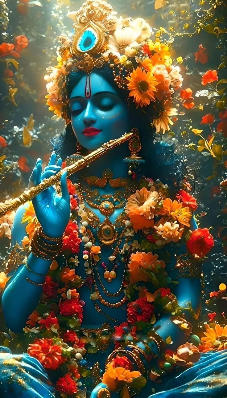Blue-skinned Krishna playing a flute amidst flowers