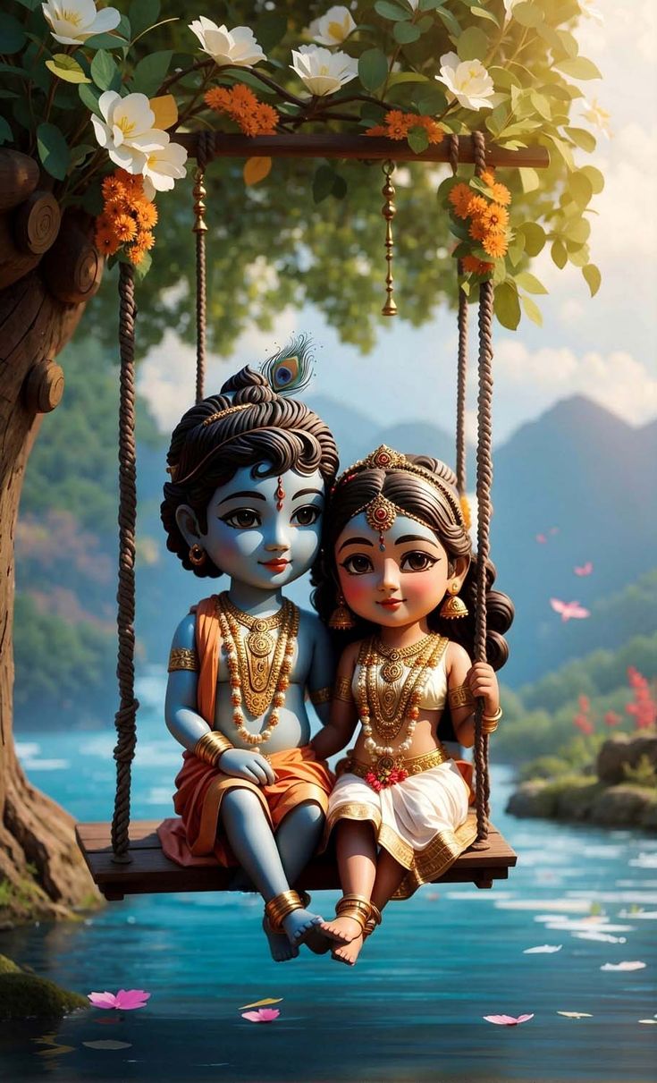 Krishna and Radha on a floral swing.