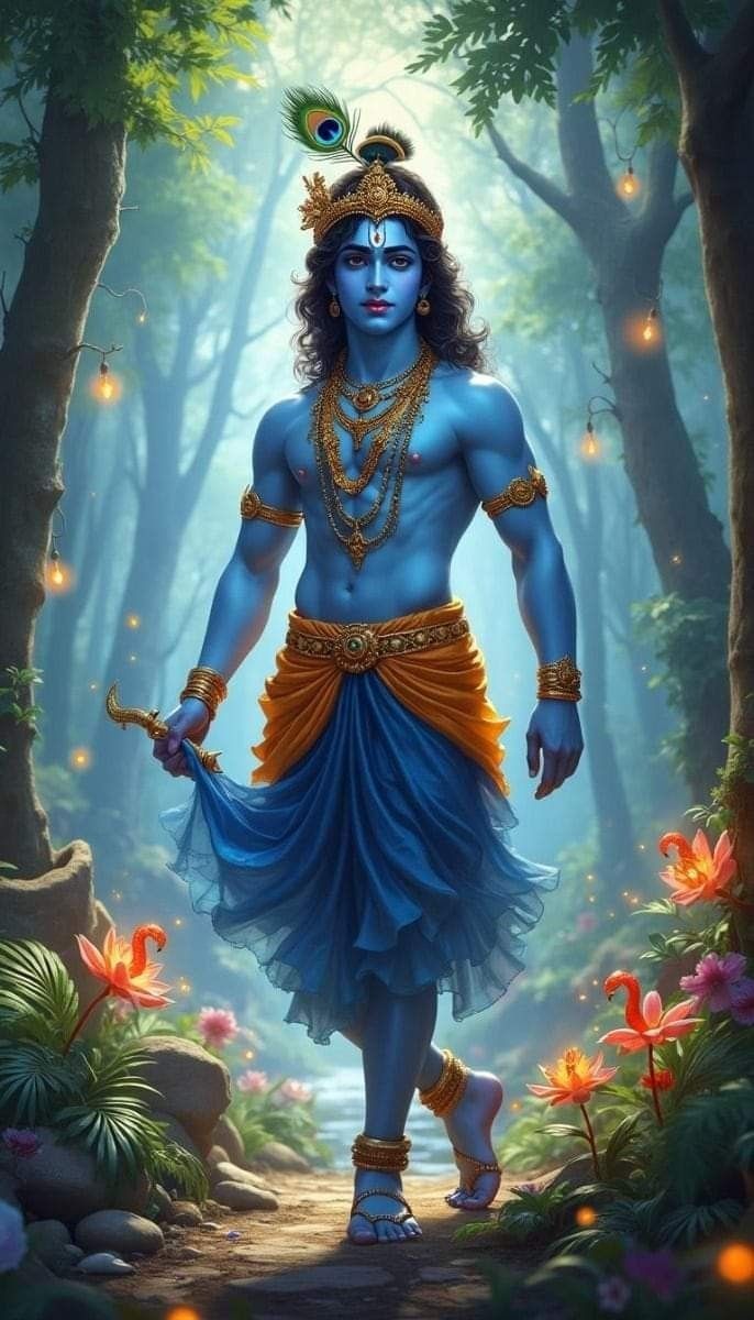 Krishna walking in a mystical forest