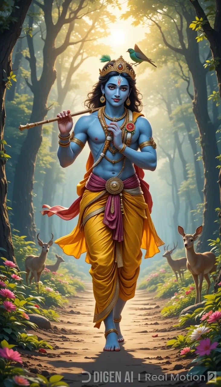 Krishna playing flute in forest scene