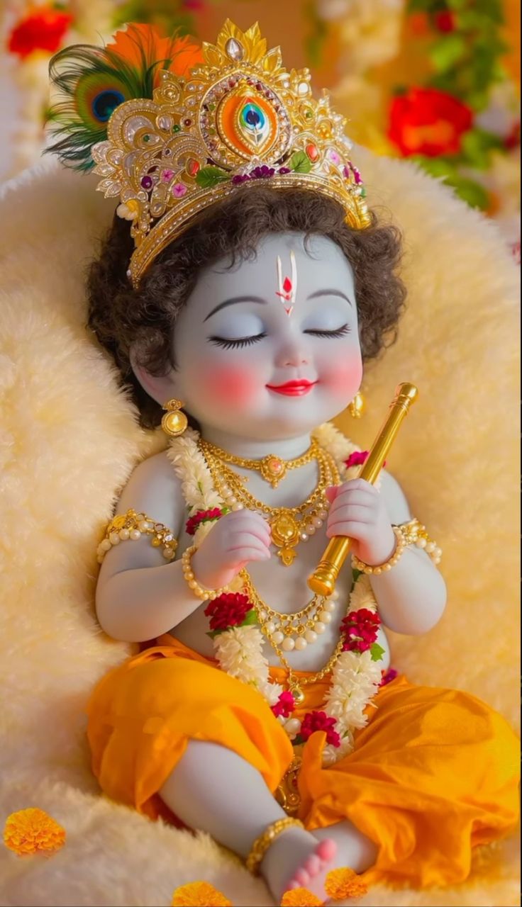 Baby Krishna with flute and peacock feather