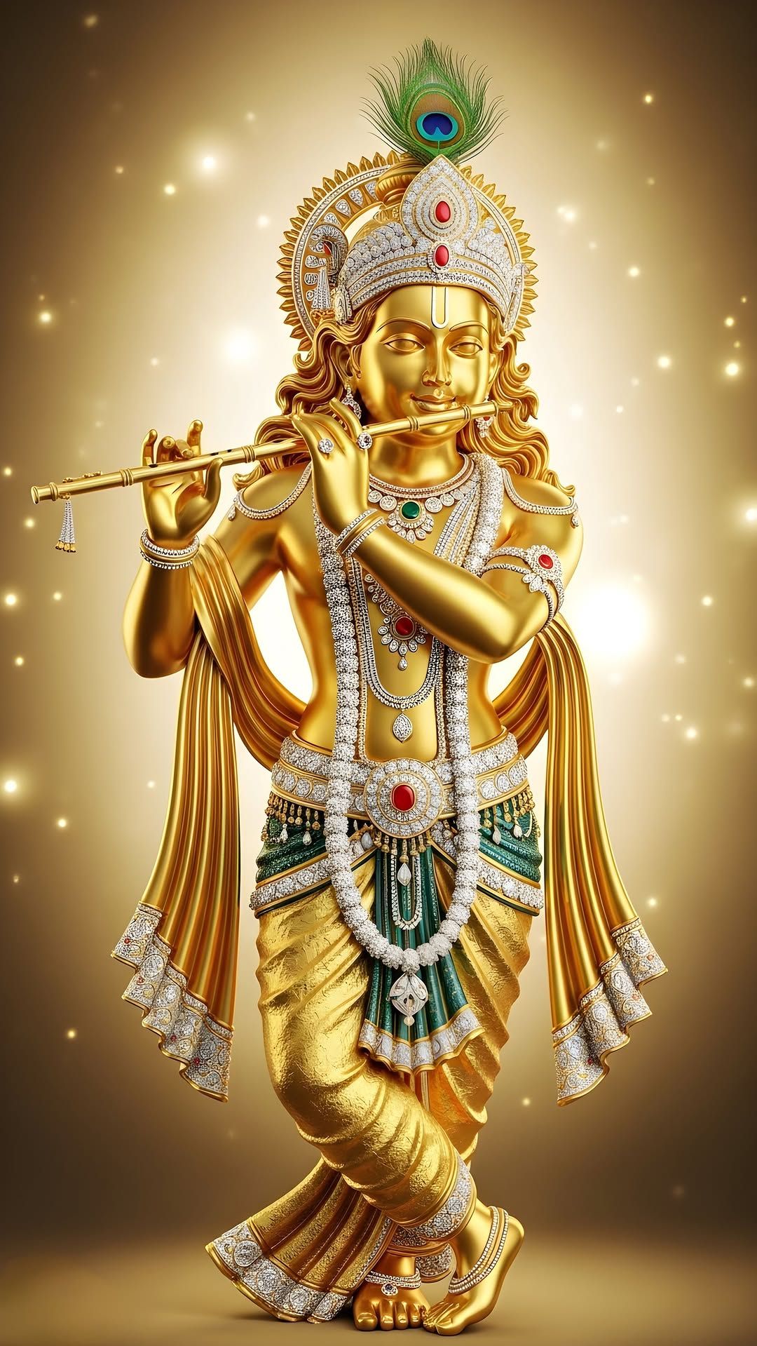 Golden krishna playing flute devotional image