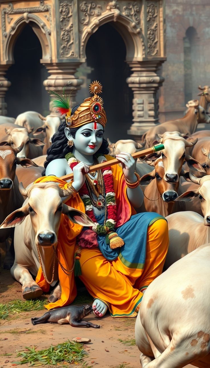 Krishna playing flute with cows