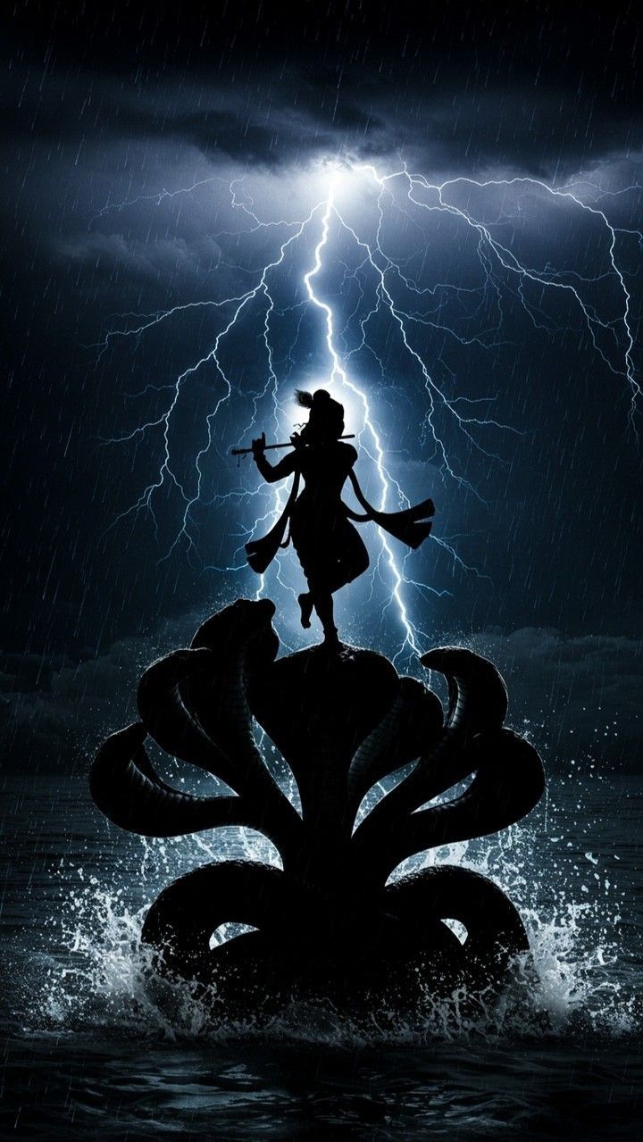 Krishna lifts Sheshnag during a storm