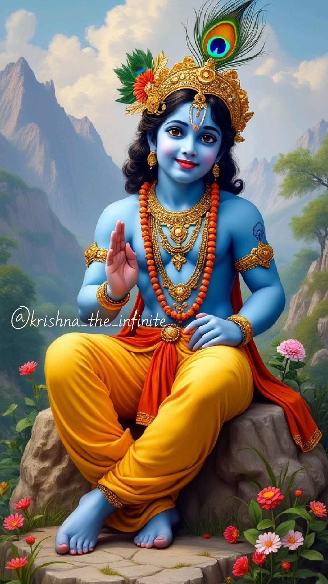 Blue-skinned Krishna bestows a blessing.