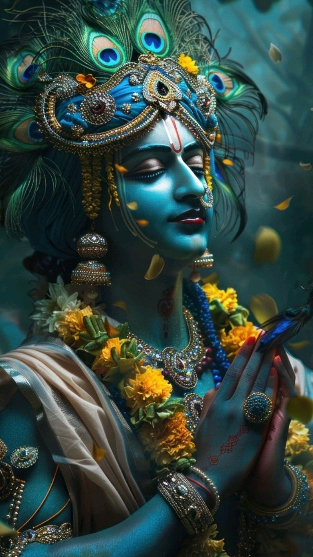 Blue-skinned Krishna with peacock feather crown