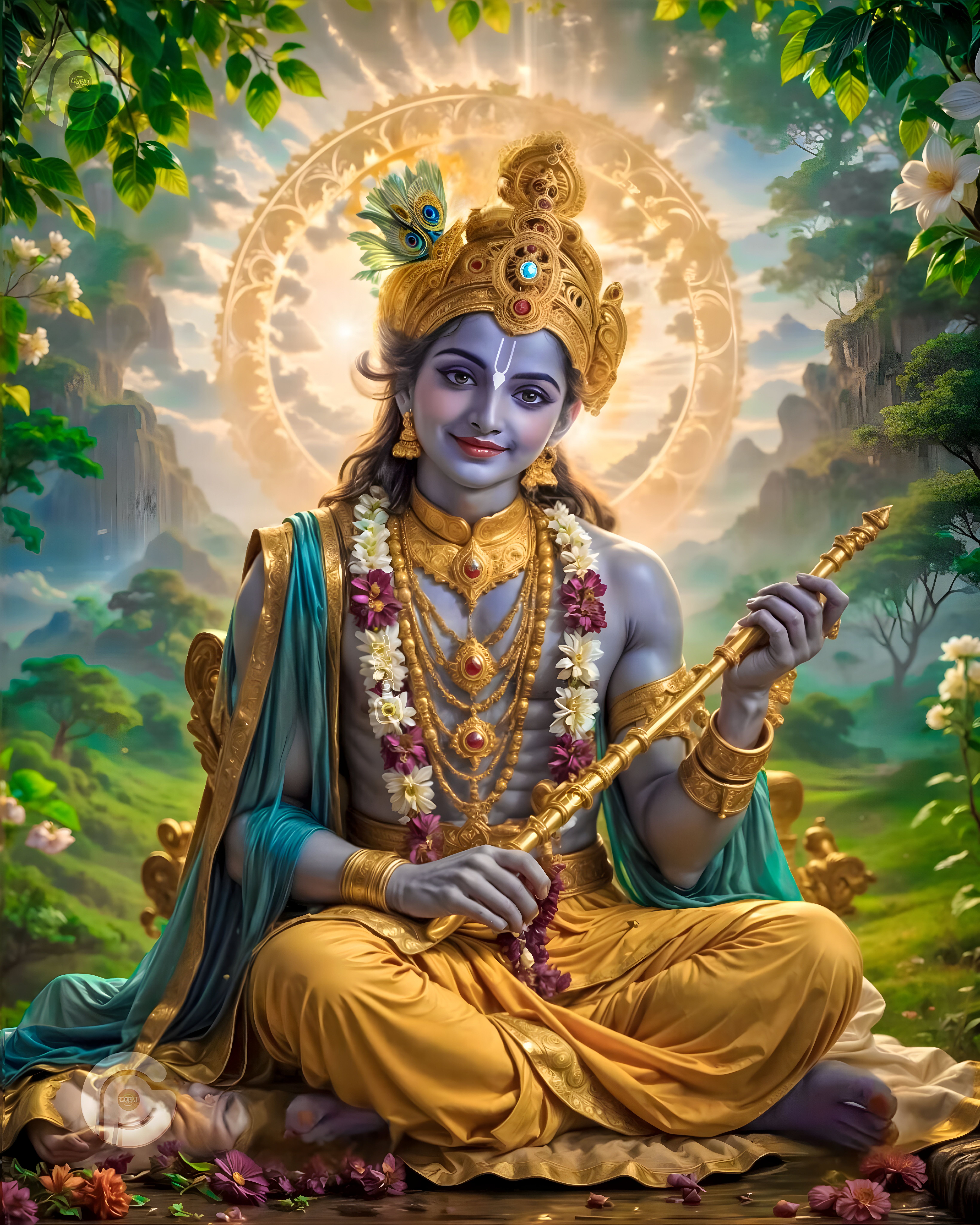 Lord Krishna playing flute in forest