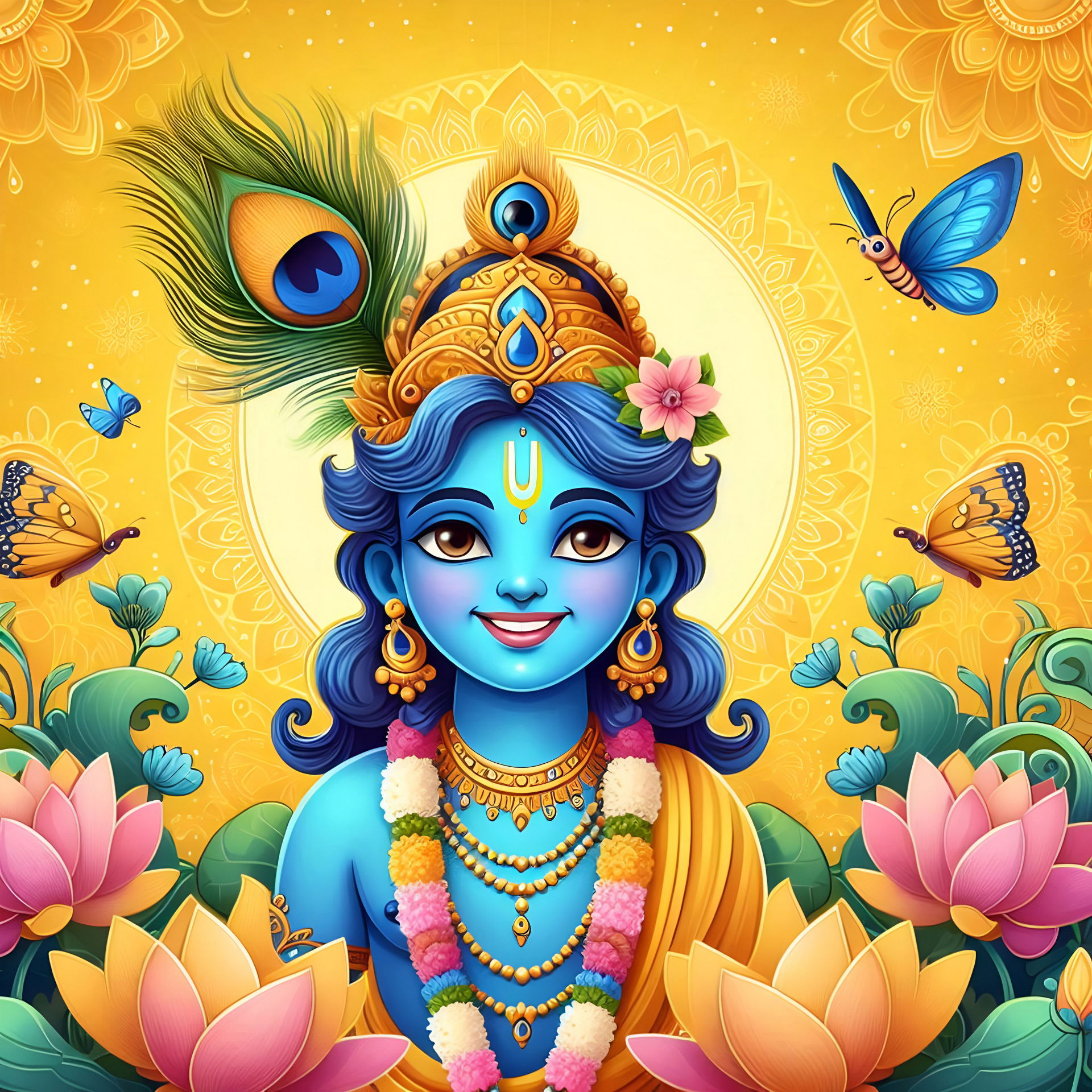 Blue-skinned Krishna with lotus flowers.
