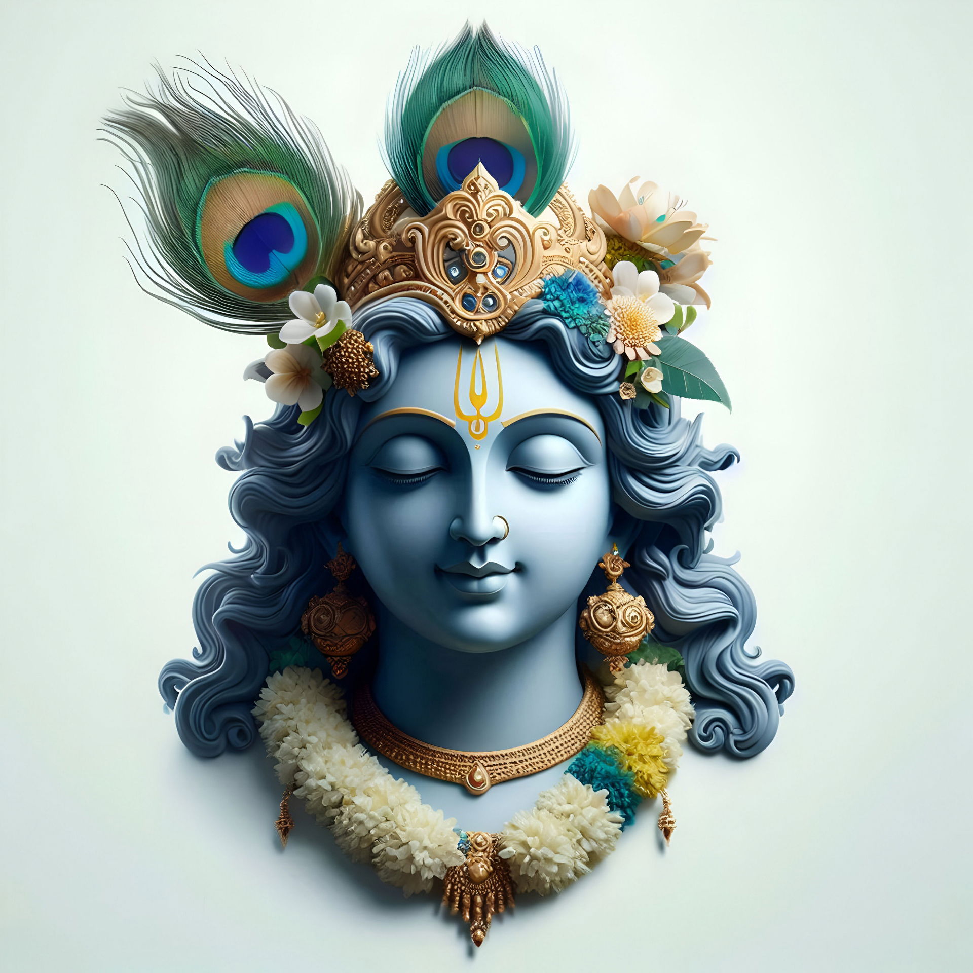 Krishna\'s serene face with peacock feather.
