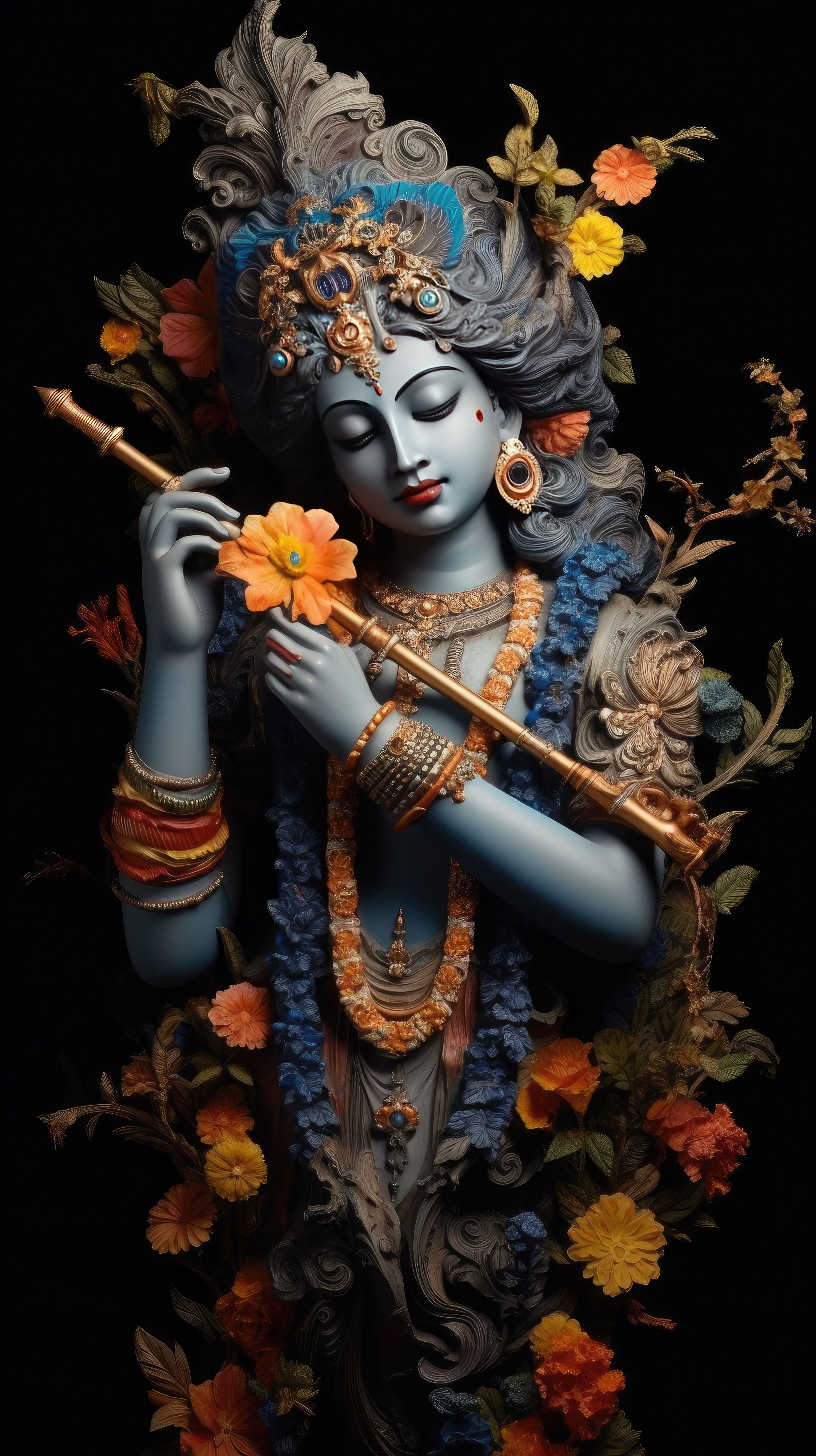 Krishna playing flute amidst flowers