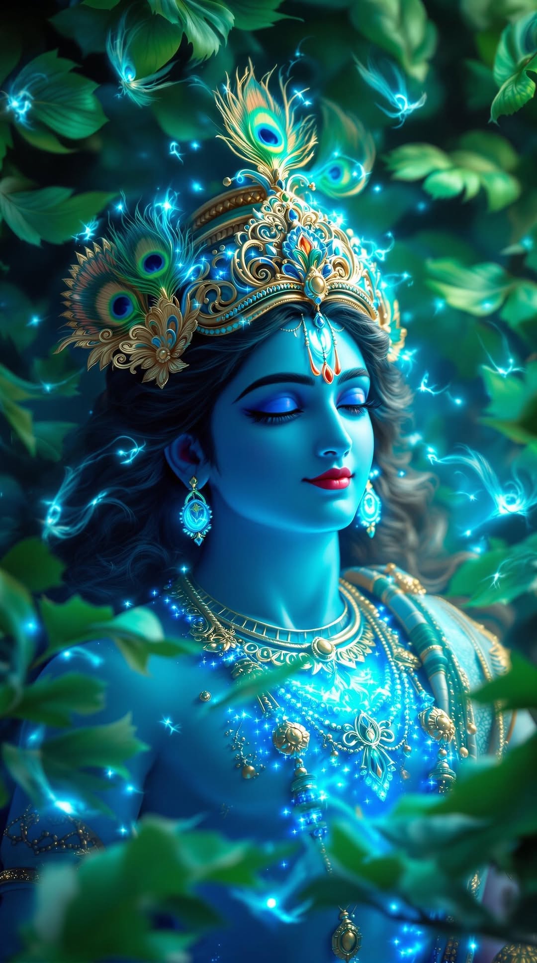 Blue-skinned Krishna with peacock feather crown.