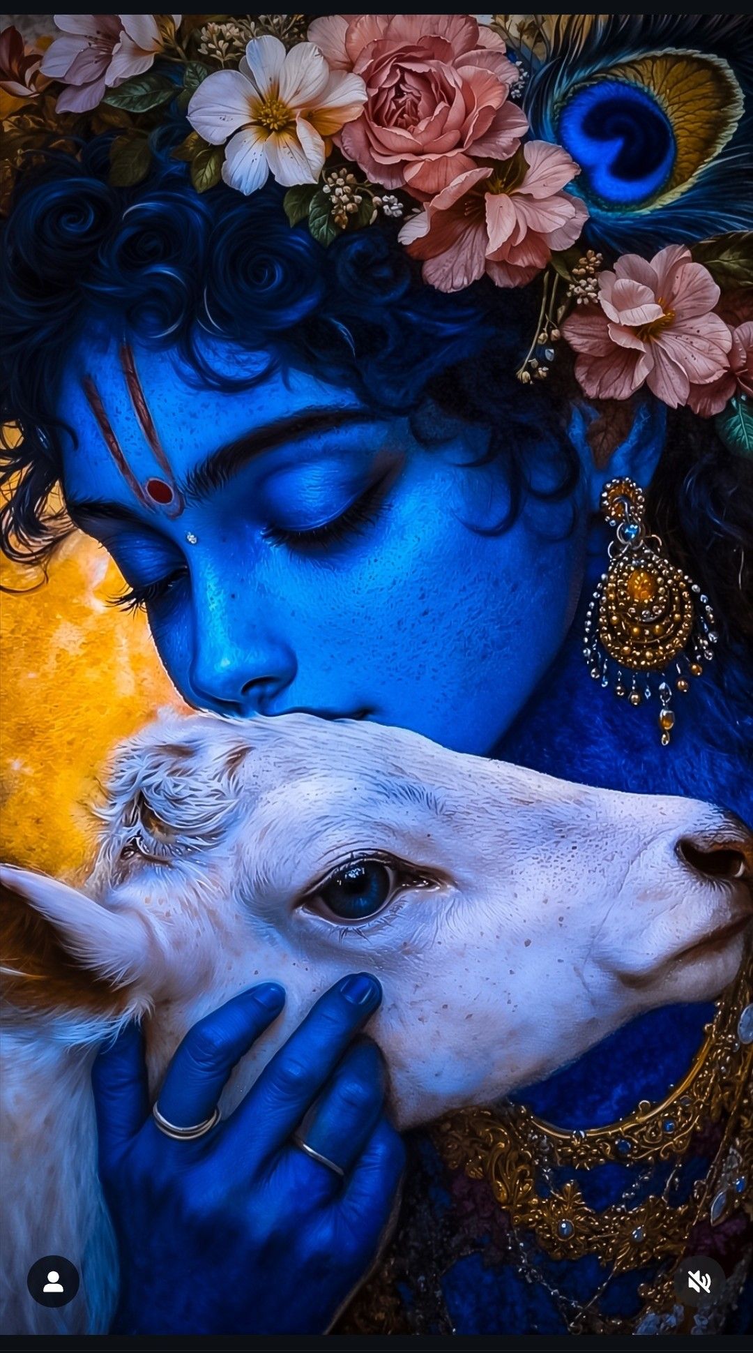 Krishna lovingly holds a white calf