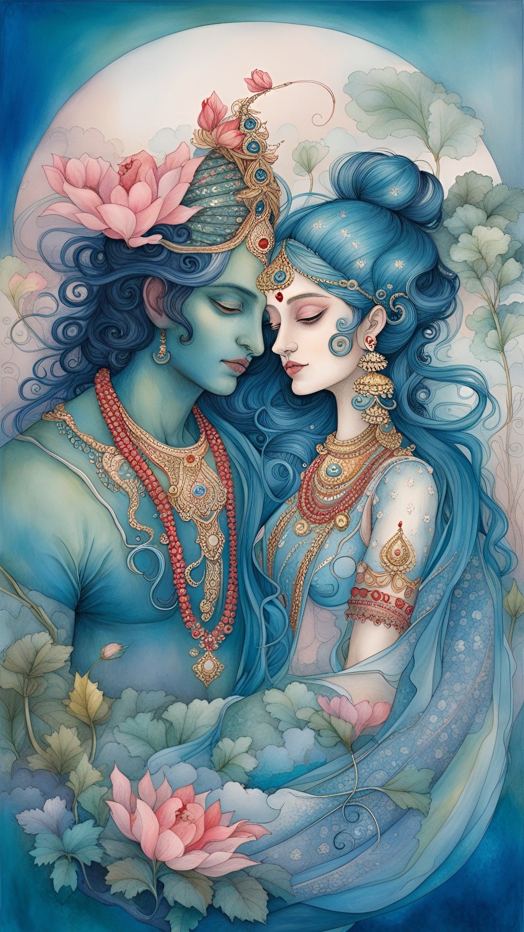Krishna and Radha in loving embrace.