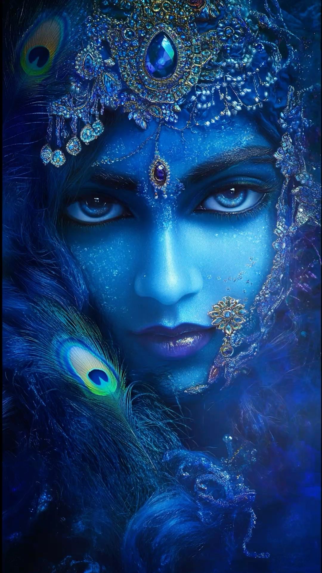 Blue-skinned Krishna with peacock feather