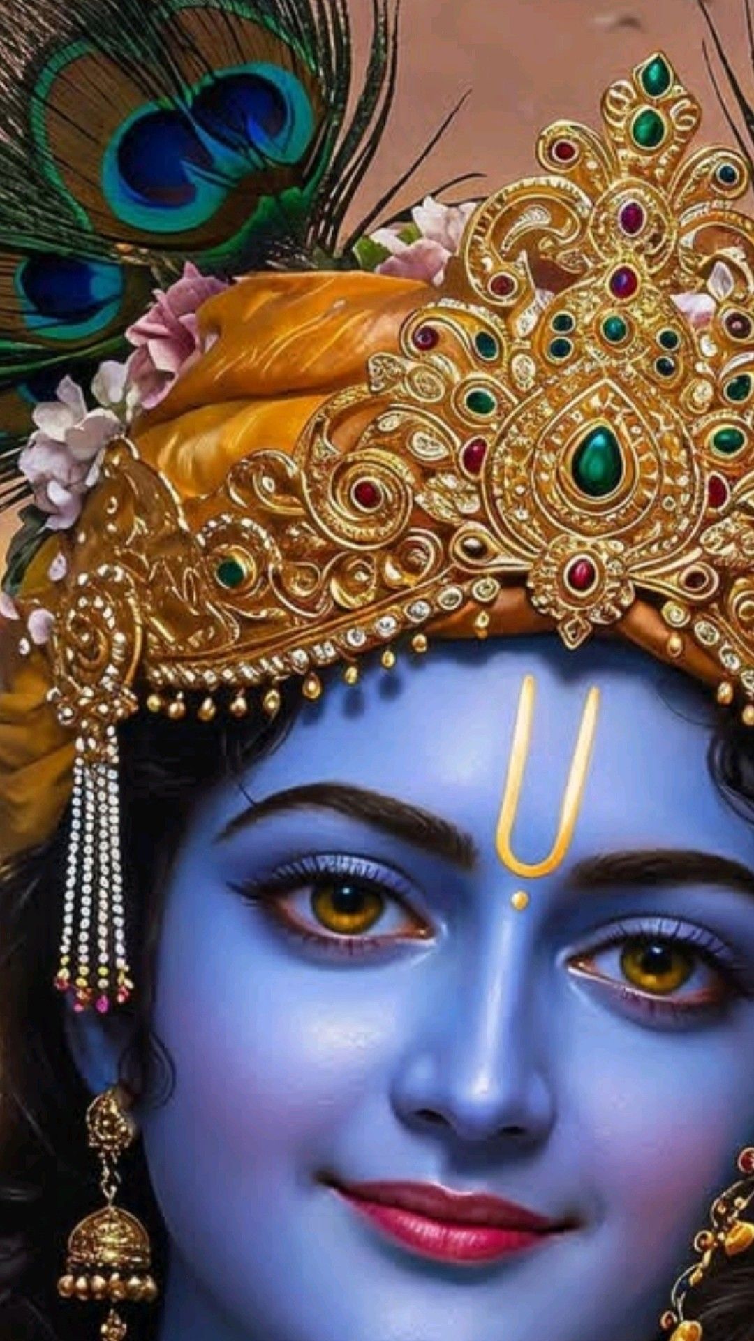 Krishna\'s serene face with peacock feather