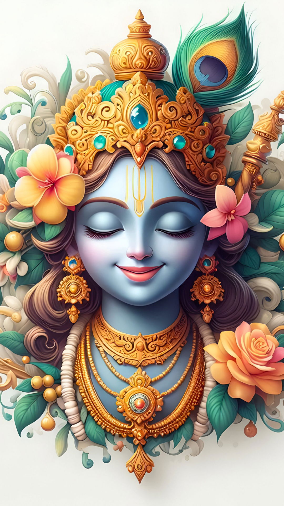 Peaceful Krishna portrait with peacock feather