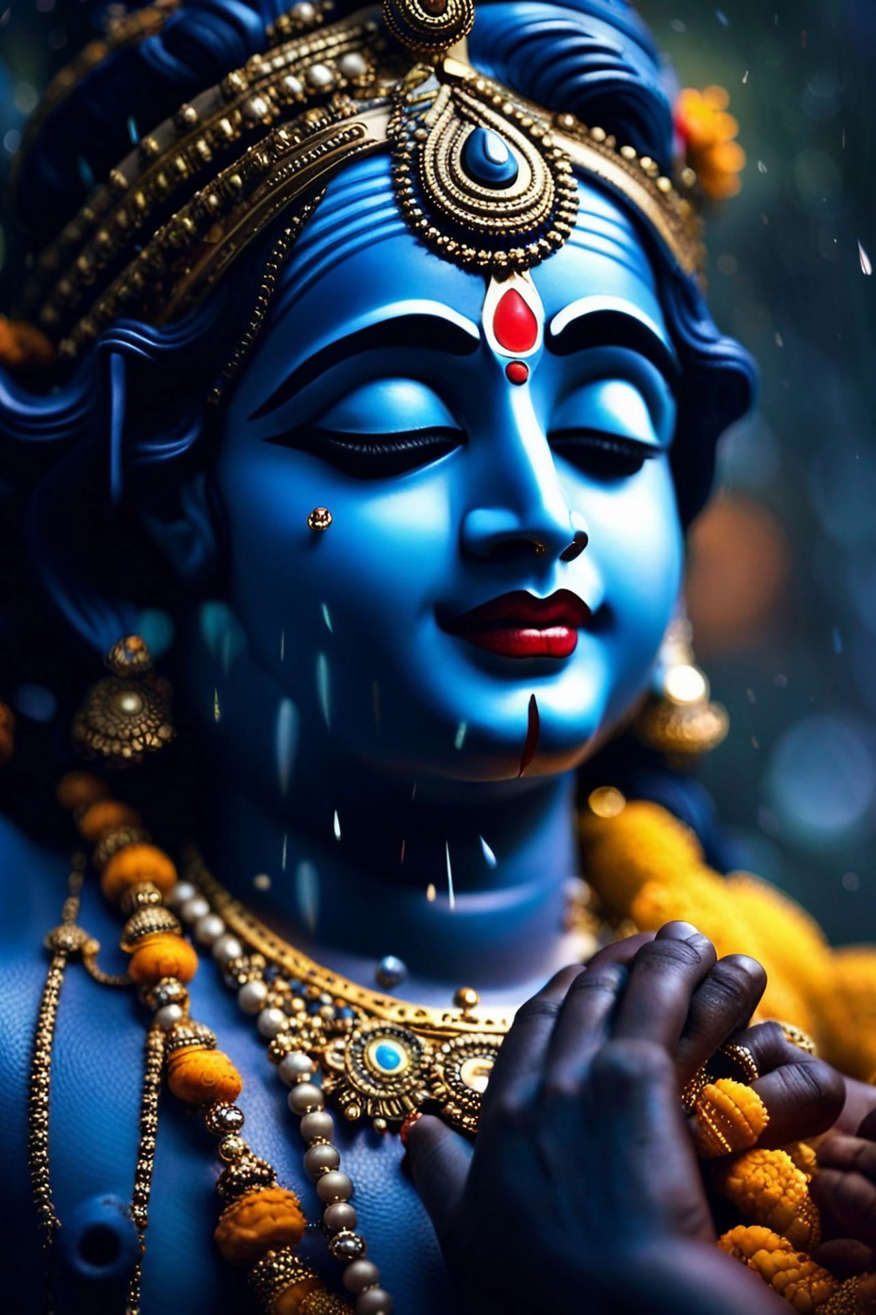 Blue-skinned Krishna with ornate jewelry.