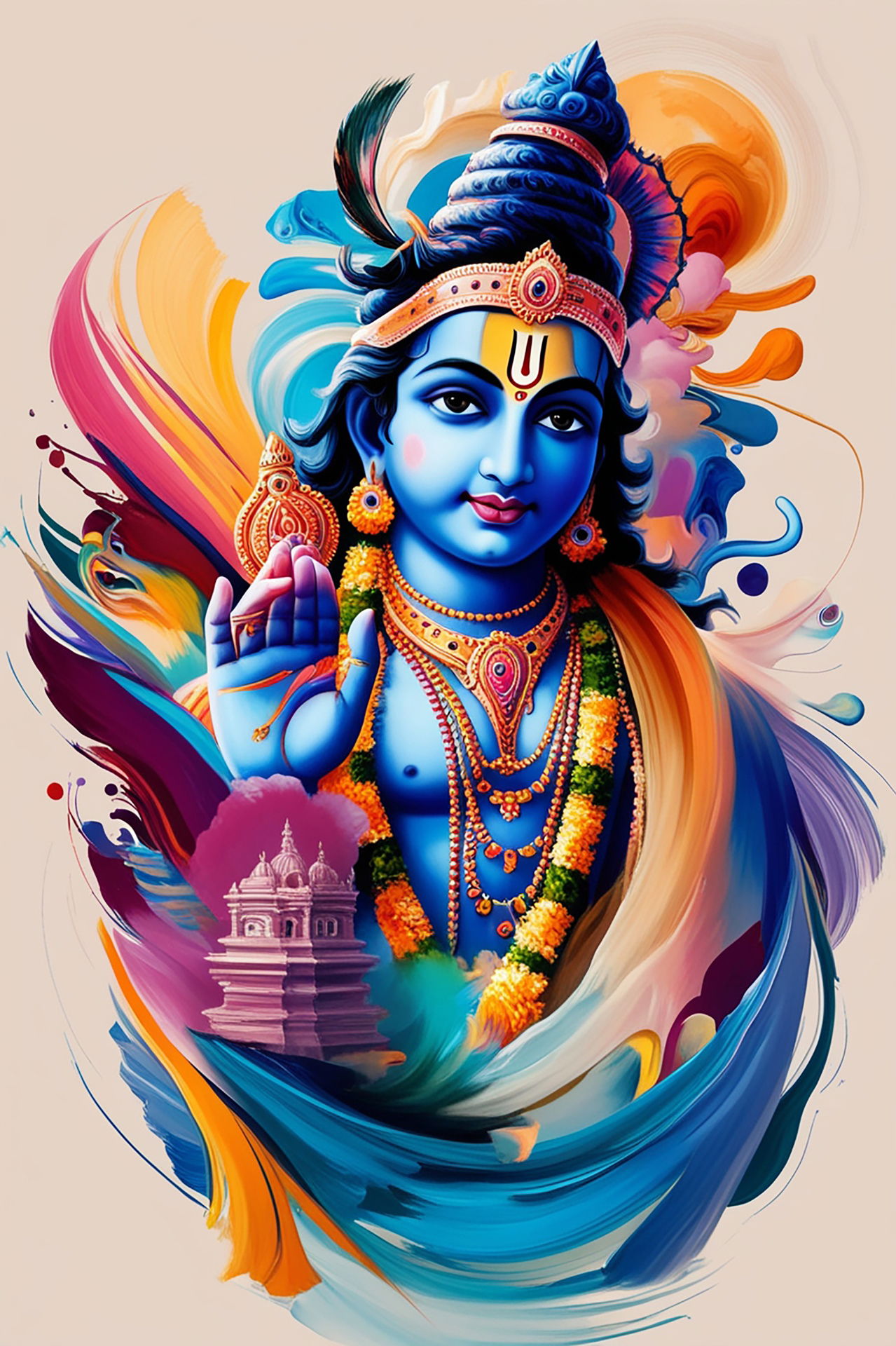 Divine Krishna portrait with peacock feather