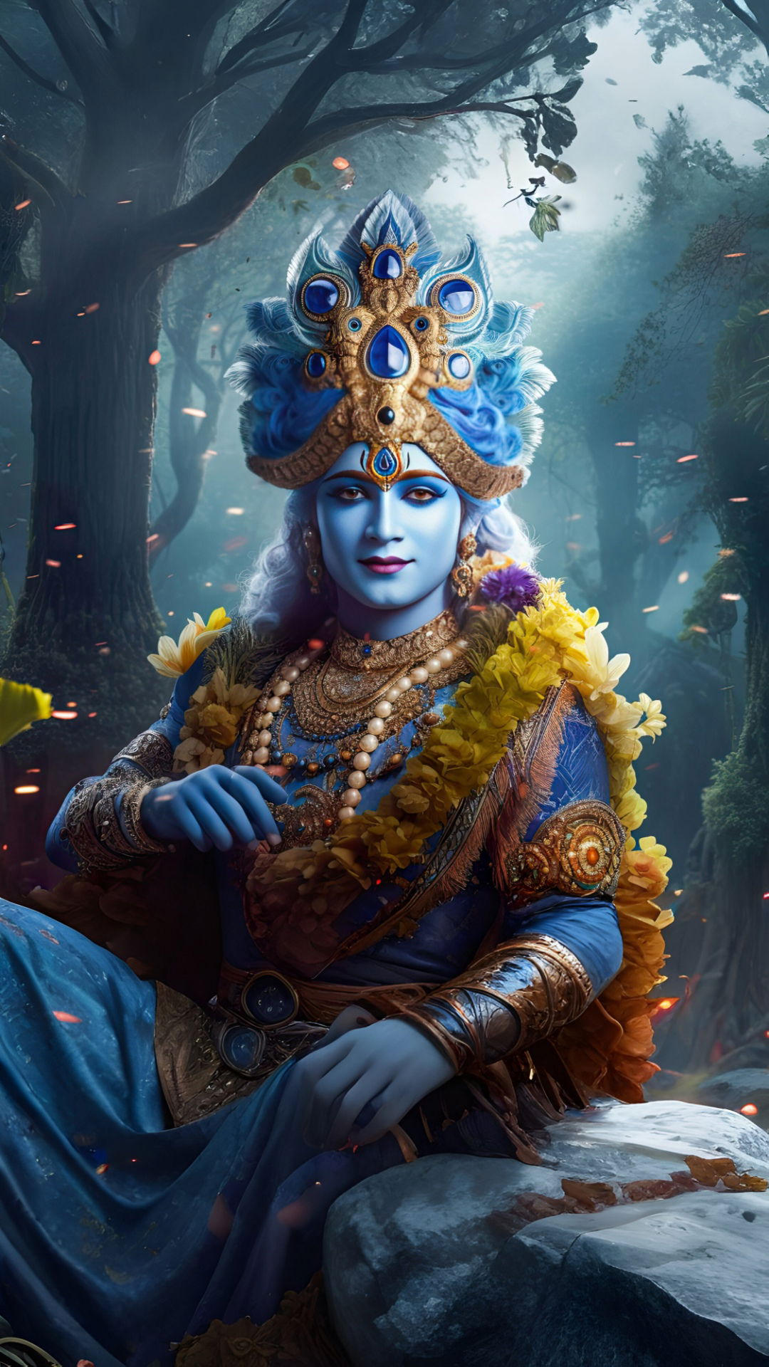 Krishna in a serene forest setting
