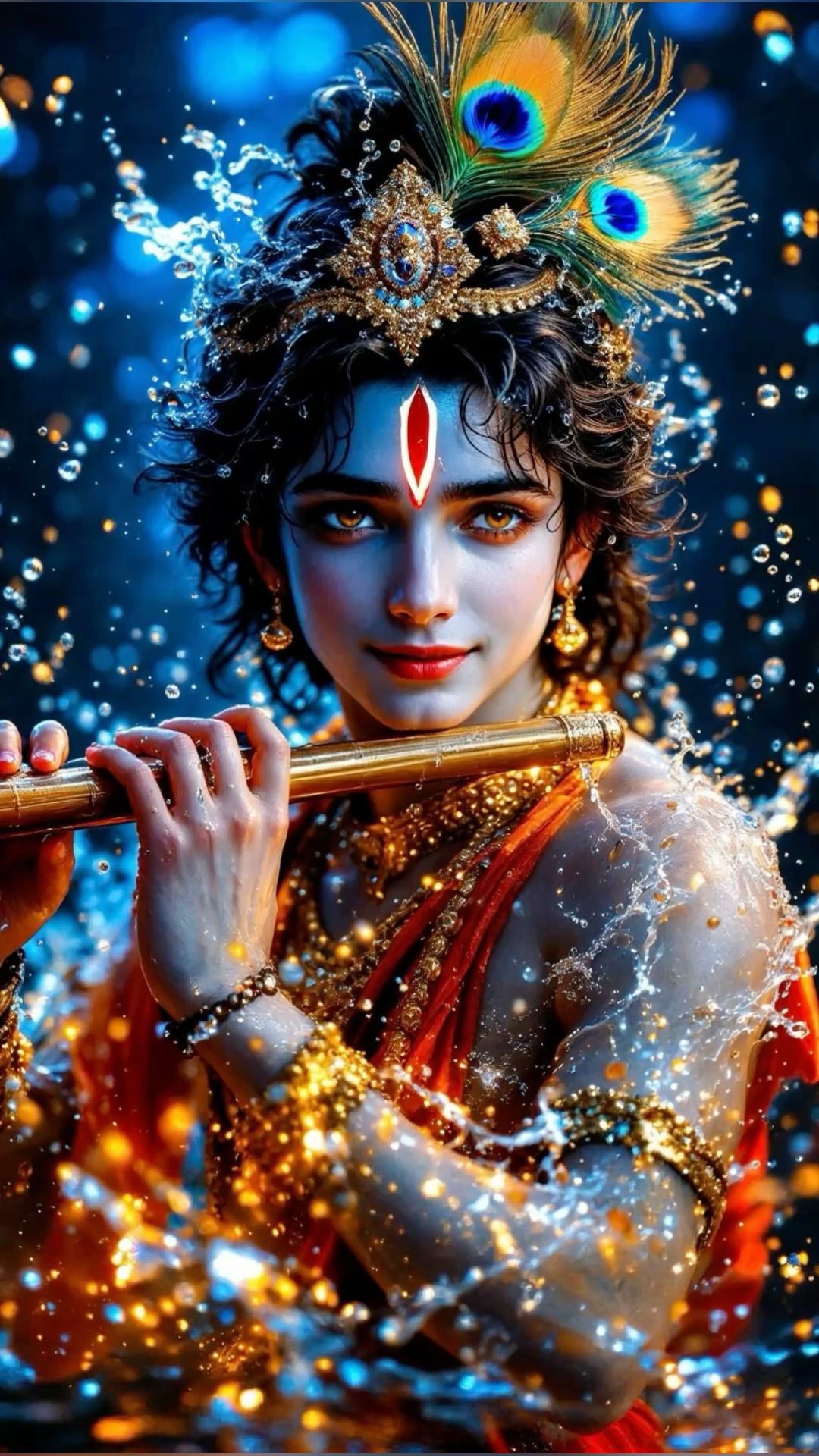 Krishna playing flute with peacock feather