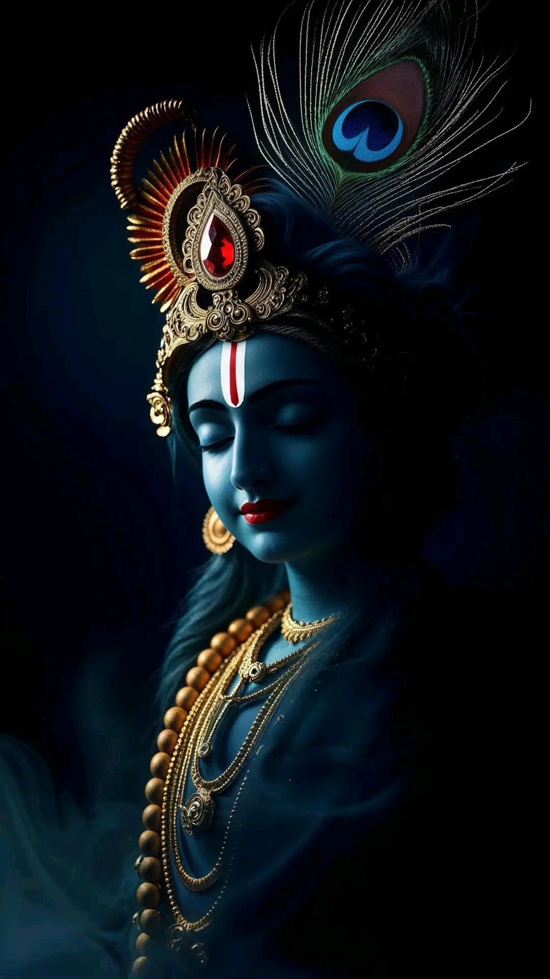 Blue-skinned Krishna with peacock feather.
