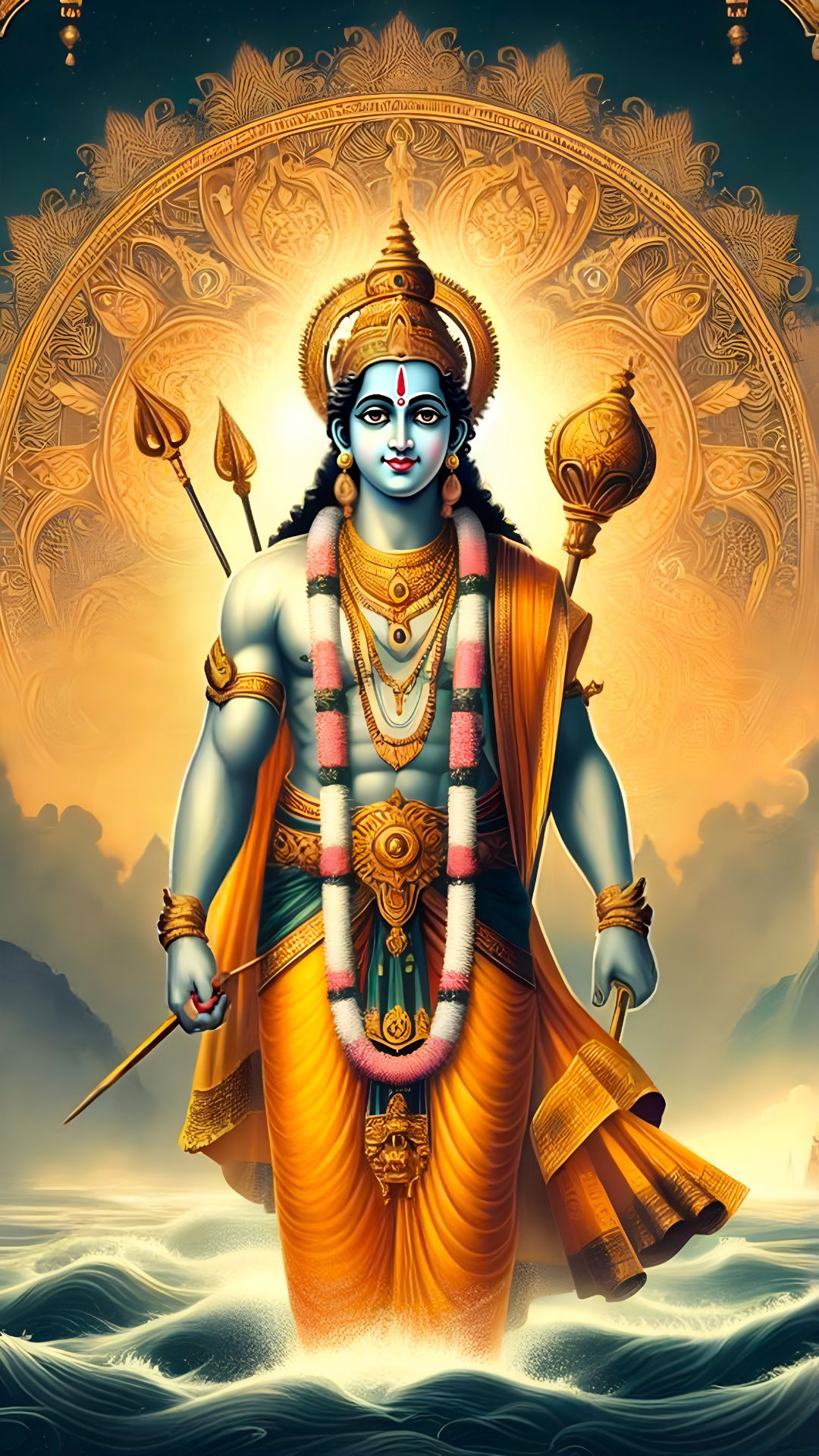 Lord Krishna standing in ocean waves