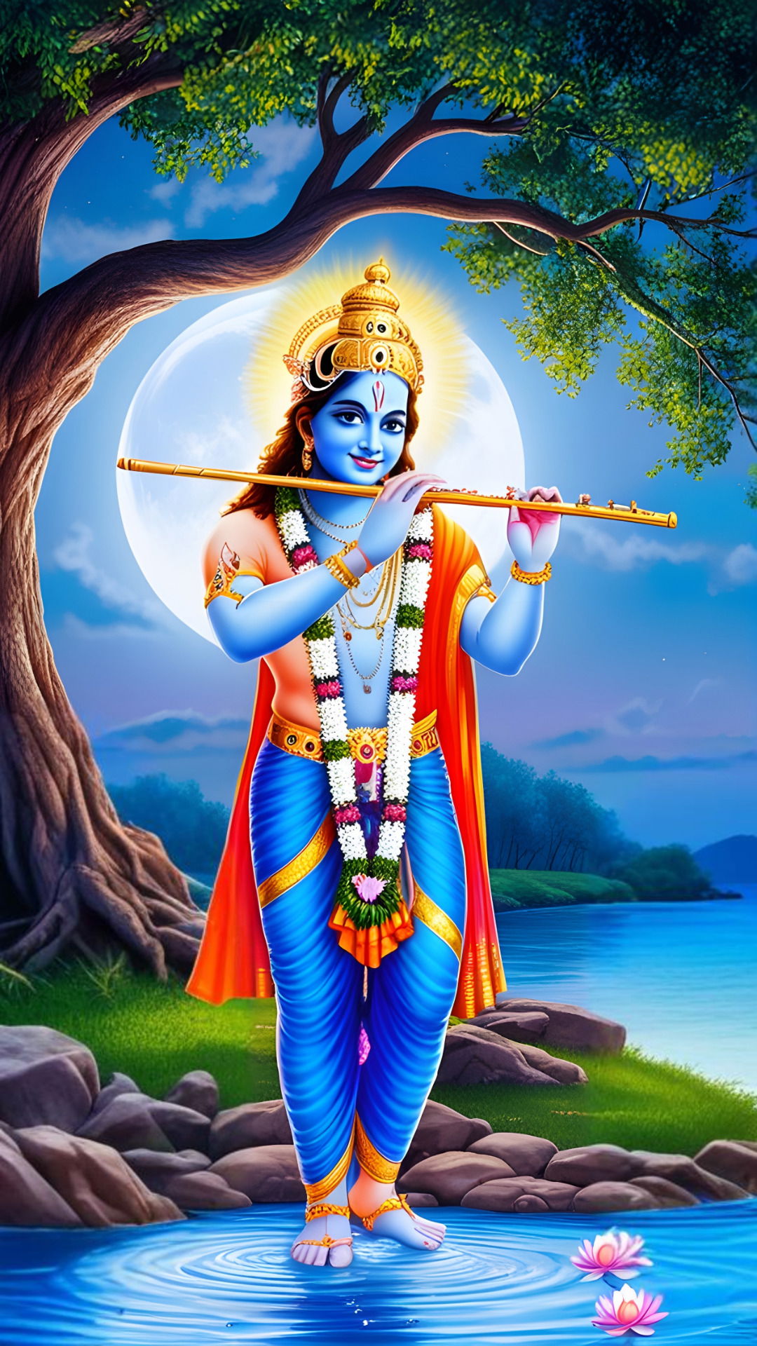 Lord Krishna playing a flute by water
