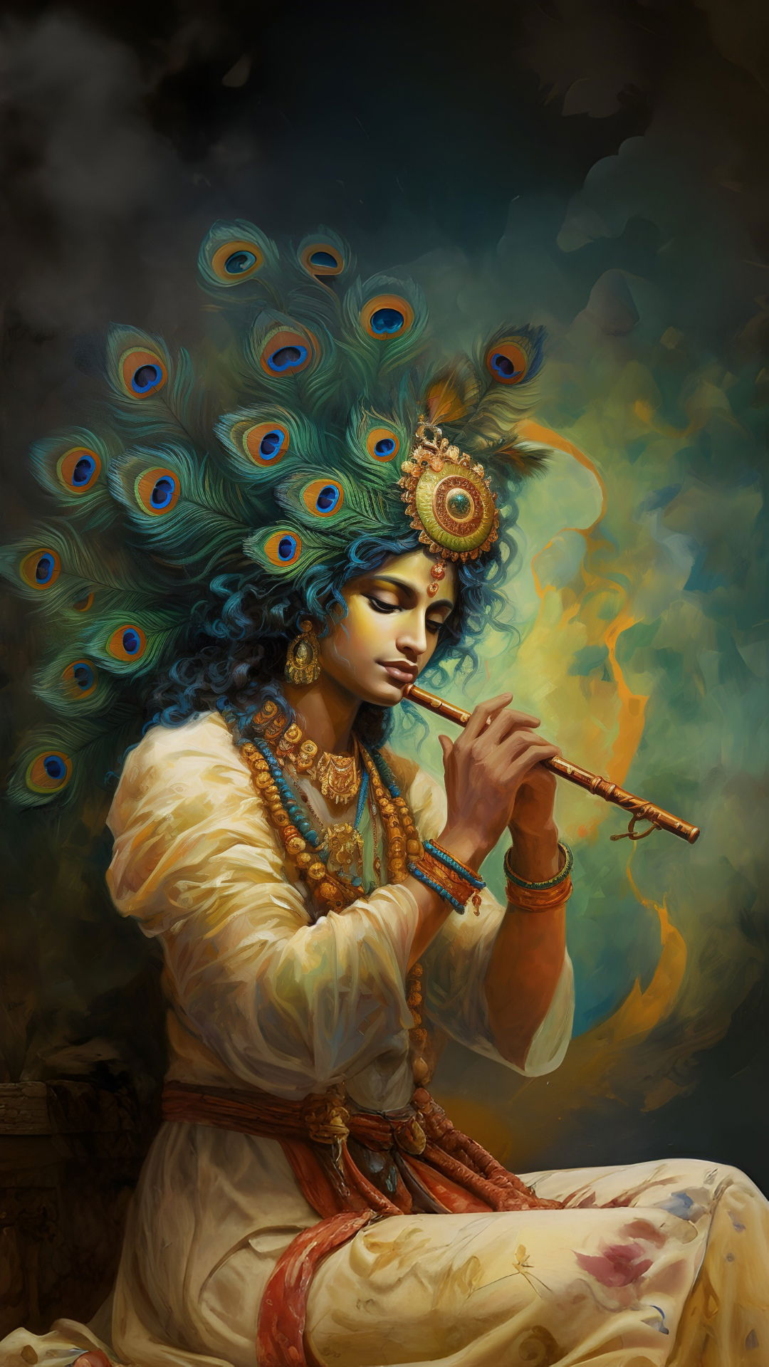 Krishna playing flute with peacock feather