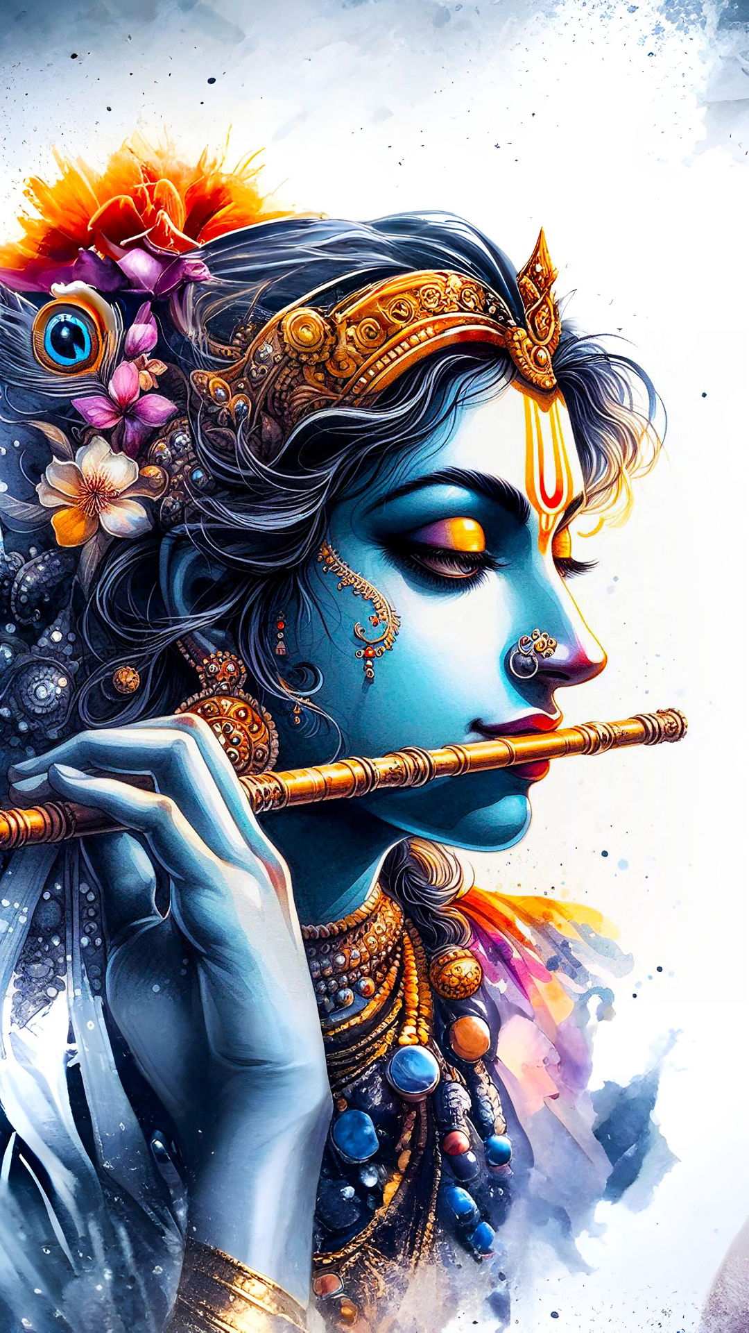 Krishna playing a flute, divine portrait