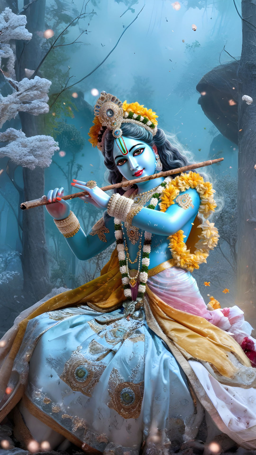 Krishna playing flute in winter forest