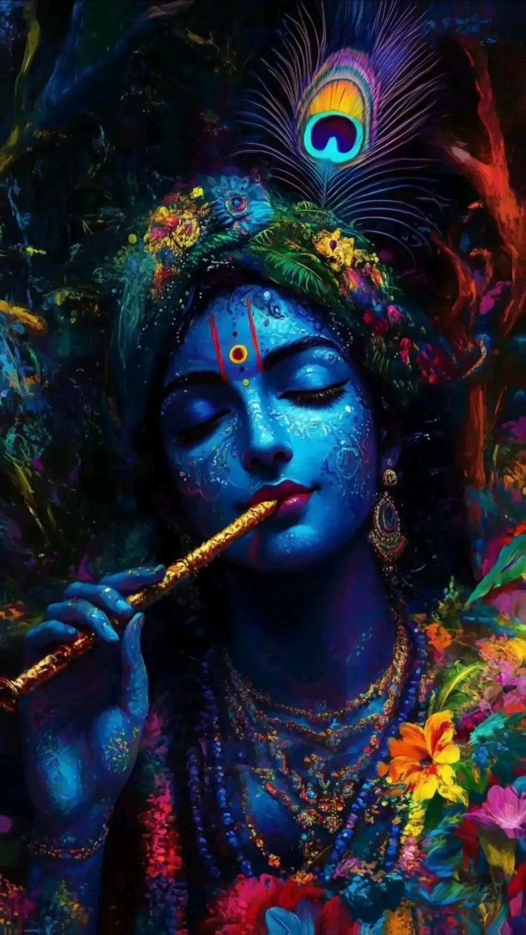 Krishna playing flute with peacock feather