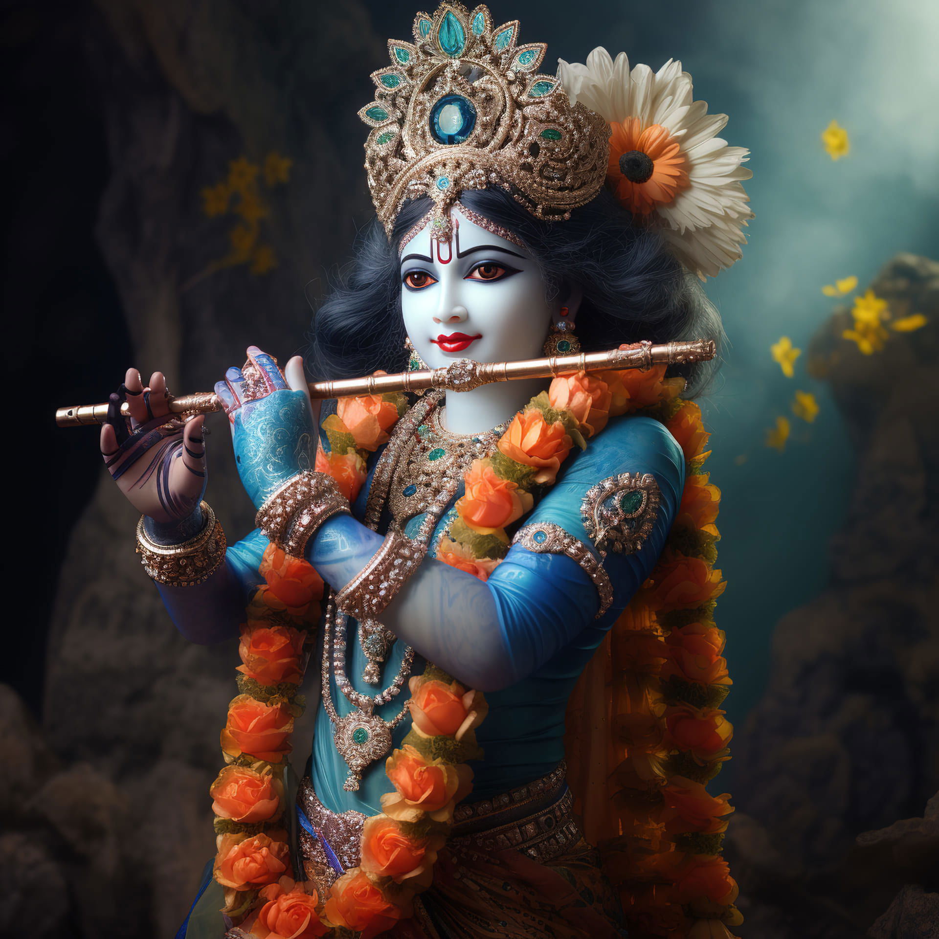 Krishna playing a mesmerizing flute melody.