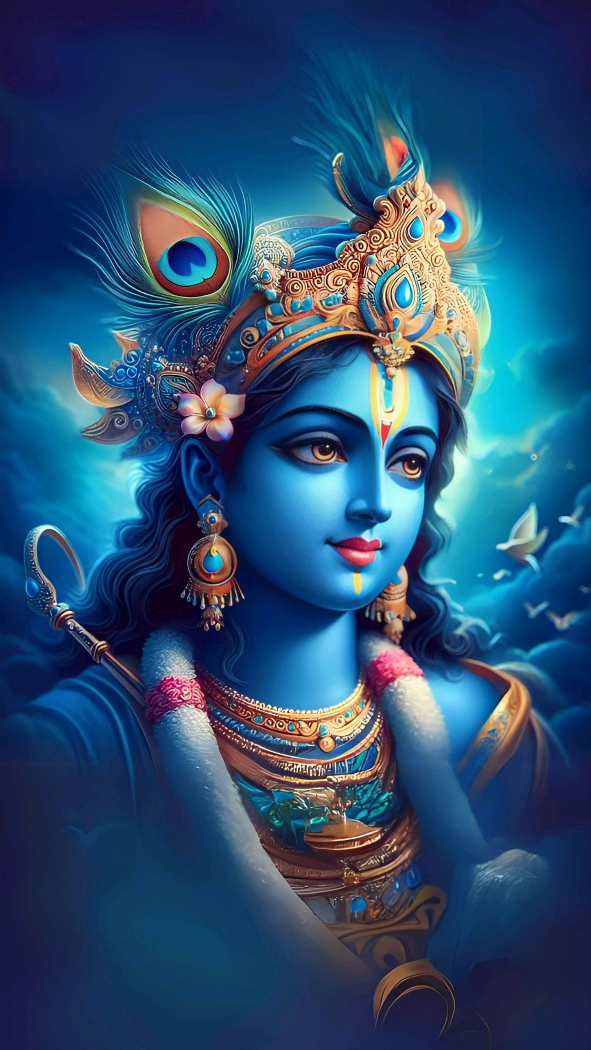 Blue-skinned Krishna with peacock feather crown