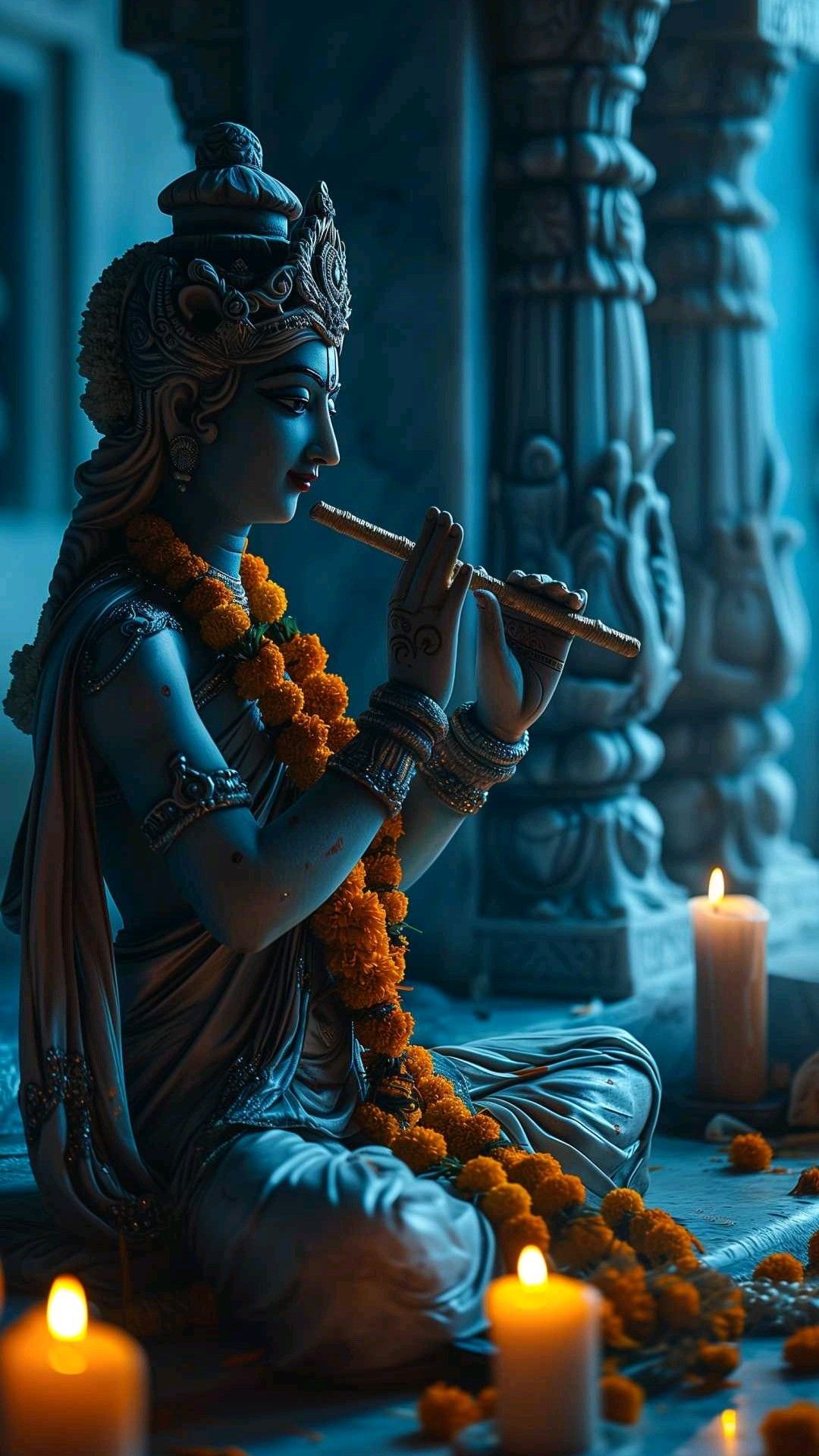 Lord Krishna playing the flute peacefully.