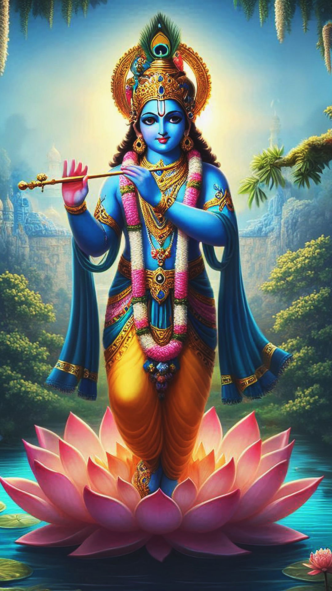 Lord Krishna playing flute on lotus