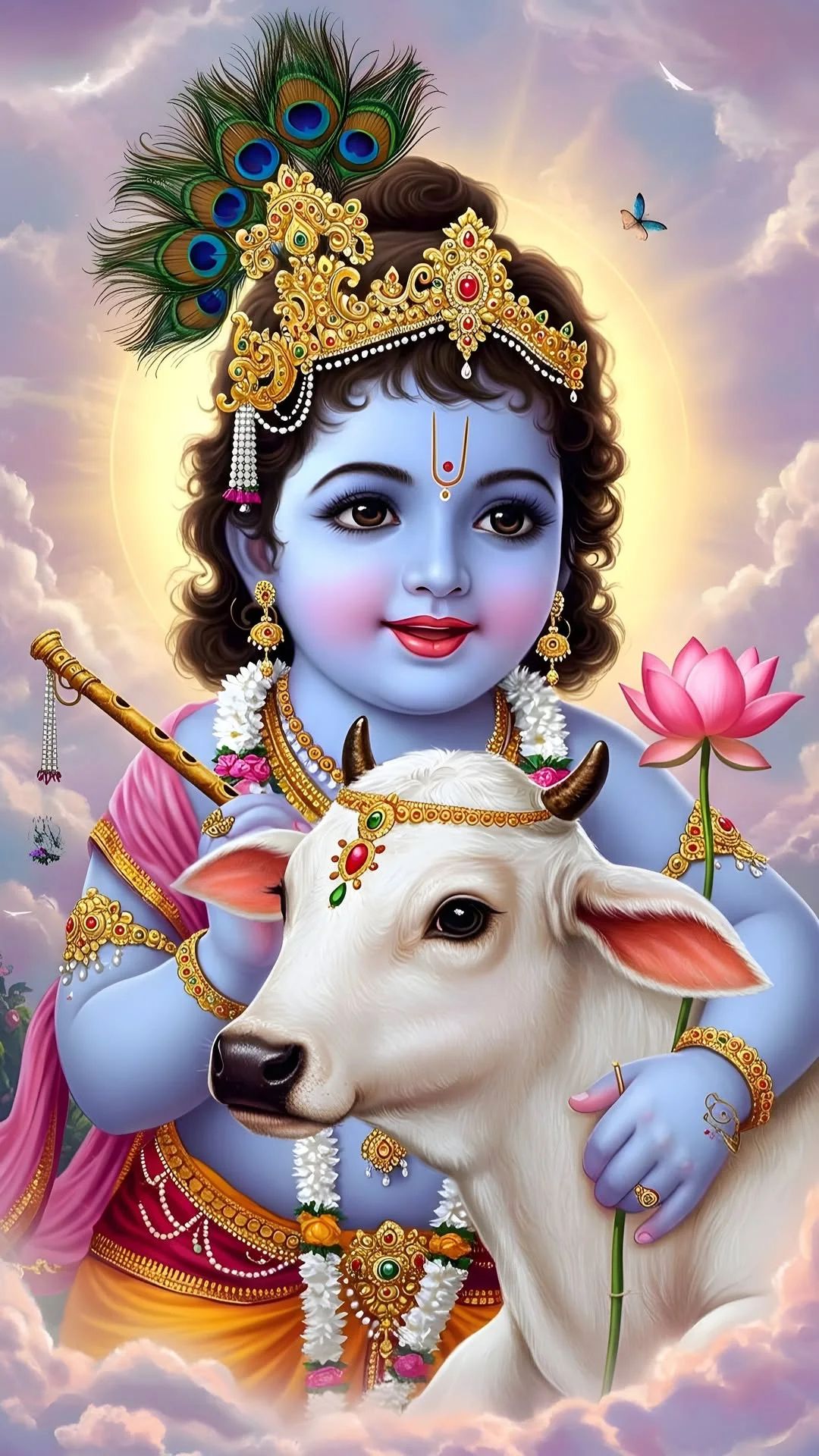 Baby Krishna with flute and cow
