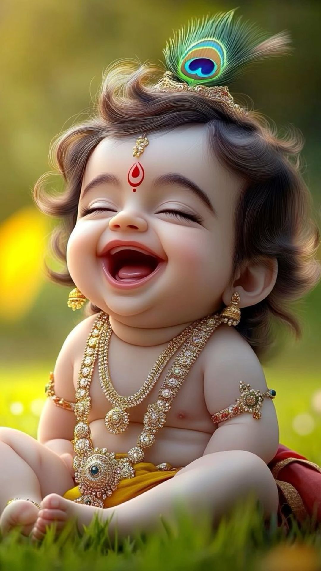Smiling baby Krishna with peacock feather