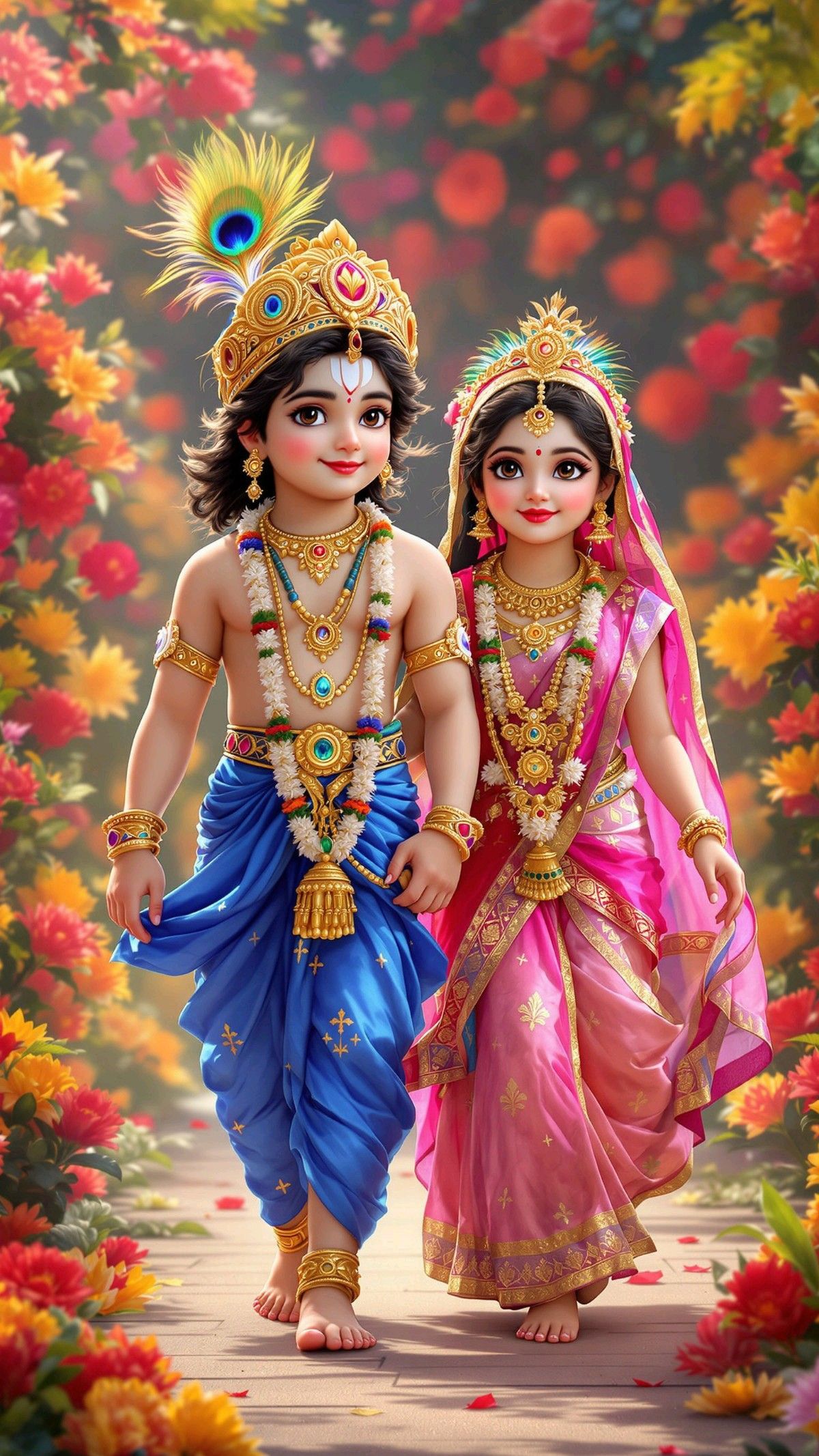 Krishna and Radha walking in a garden