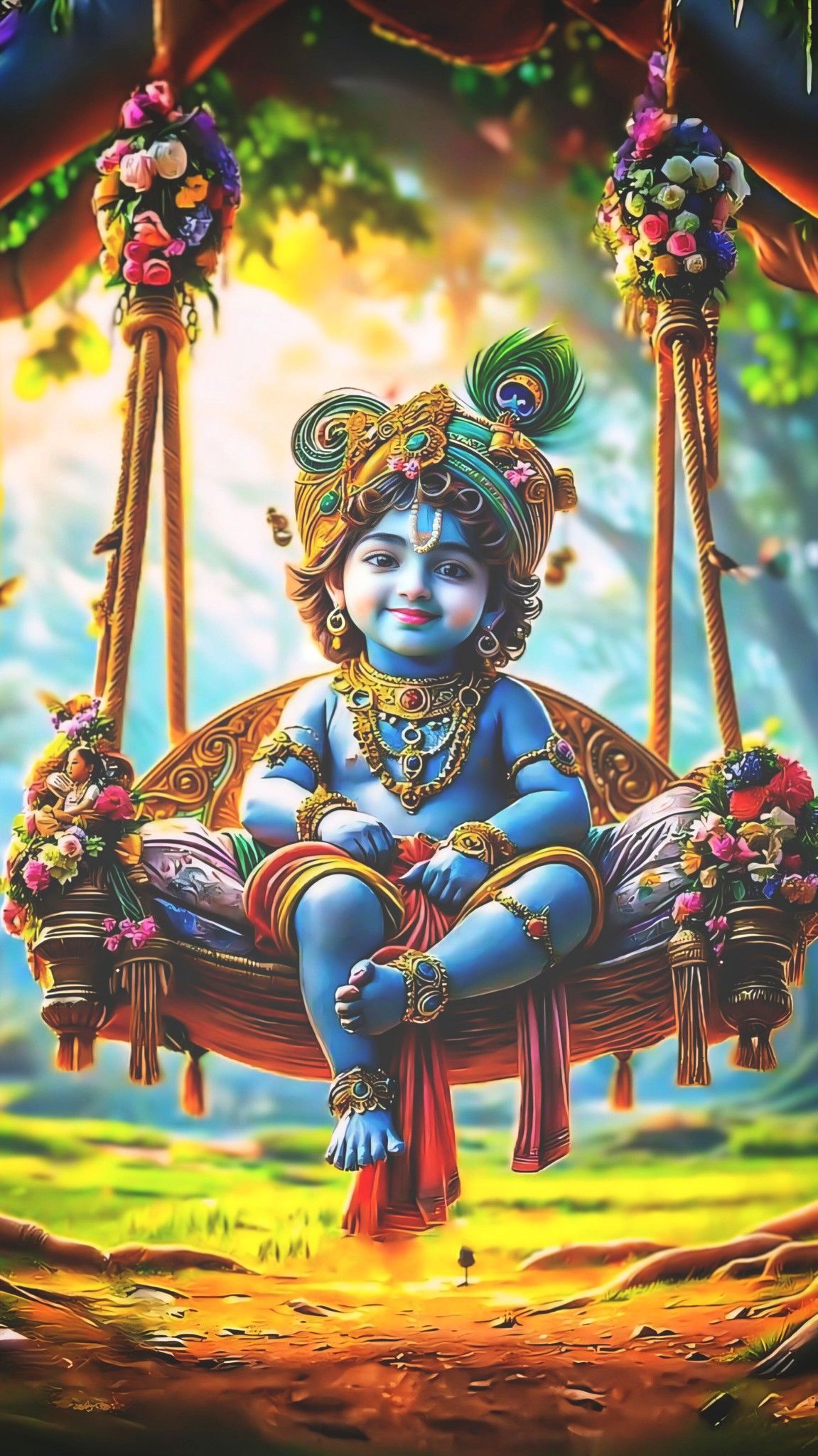 Baby Krishna on a floral swing