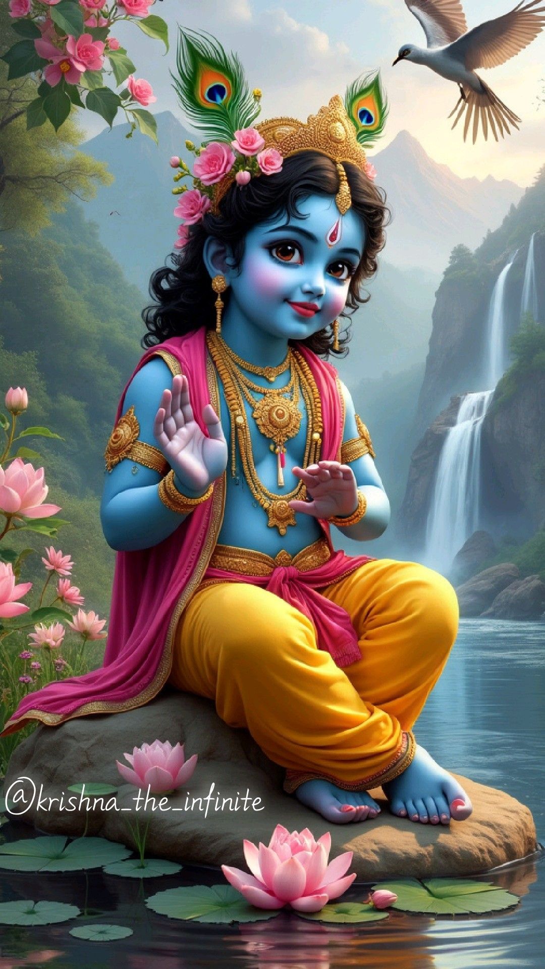 Child Krishna sits in a forest bloom