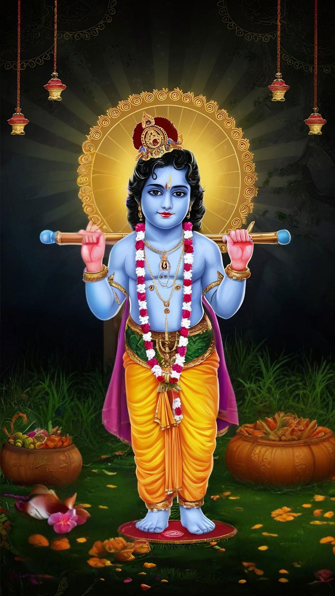 Baby Krishna with flute and golden halo.