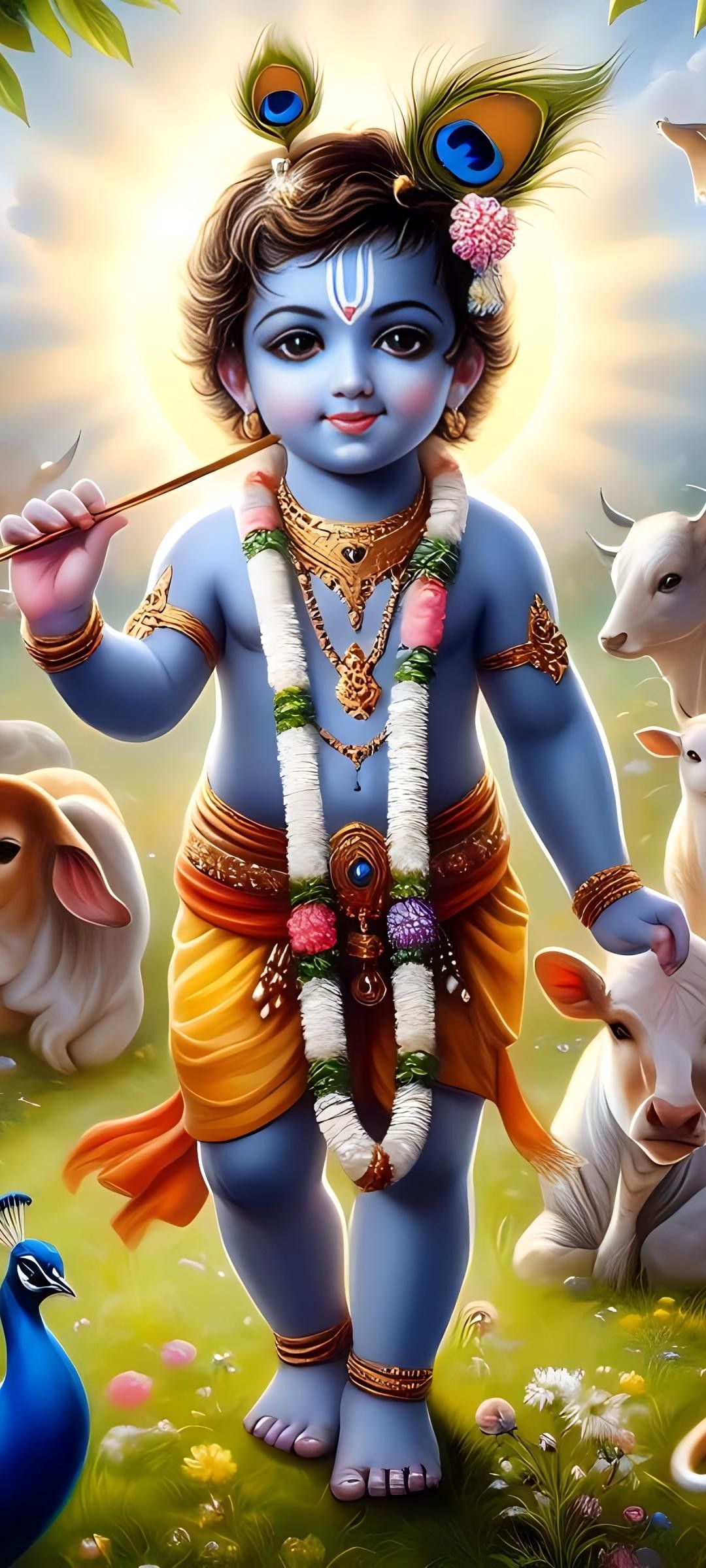 Little Krishna playing flute with cows